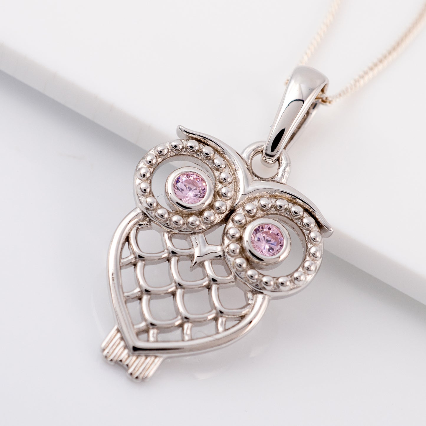 Silver Owl Necklace with Pink Gemstone Eyes