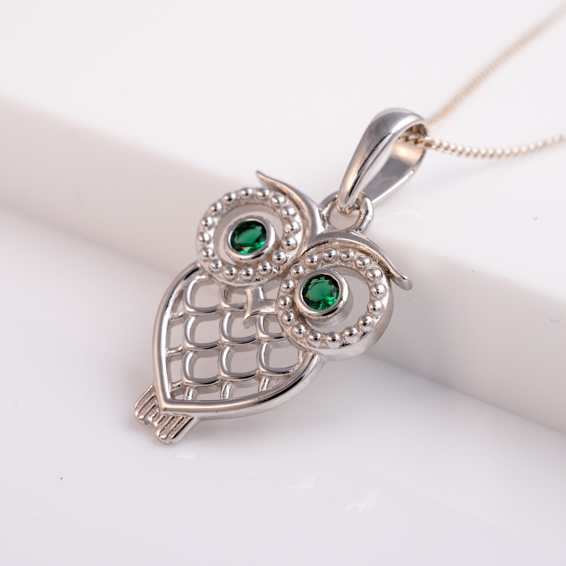 green eye silver owl necklace