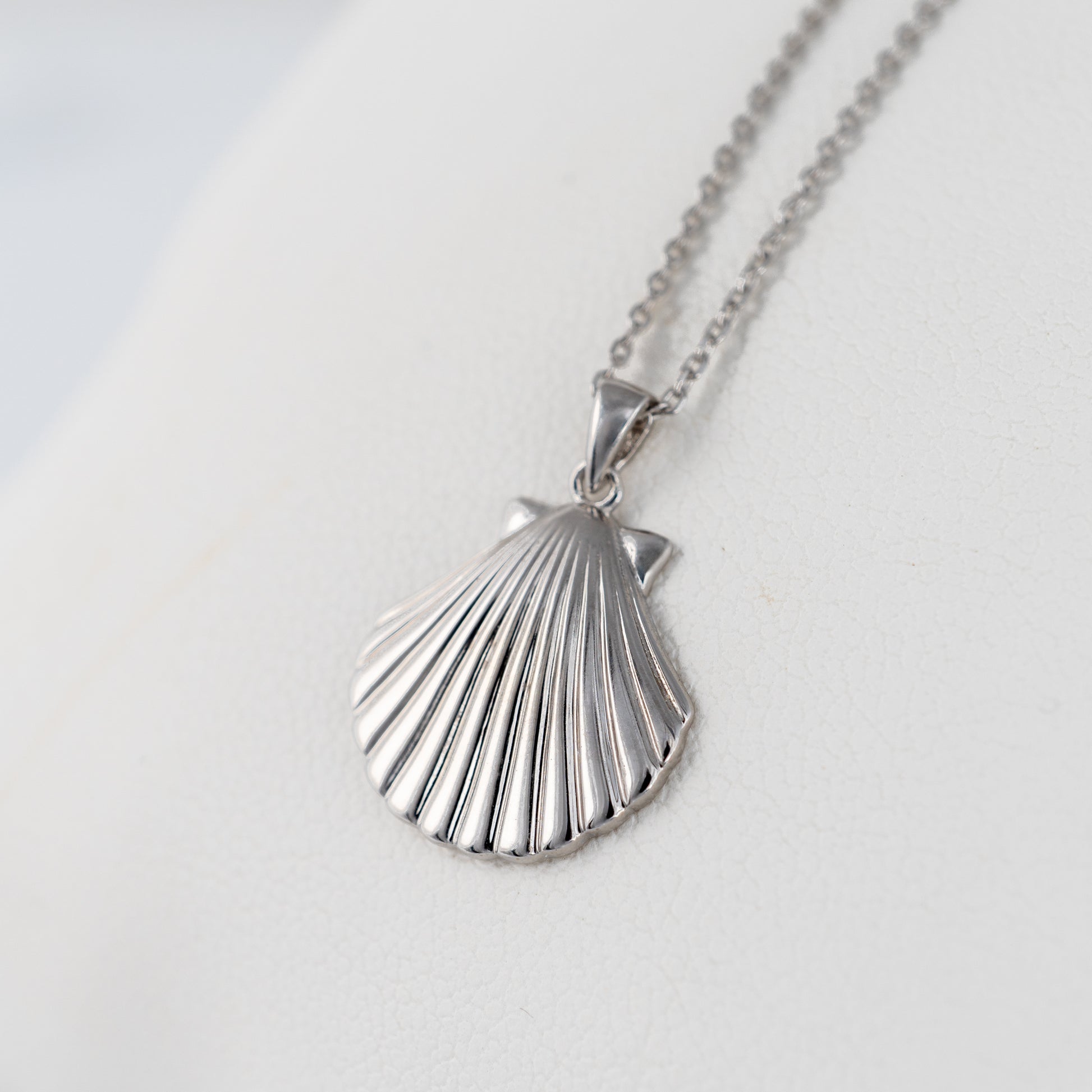 Side view of silver sea shell necklace with adjustable chain