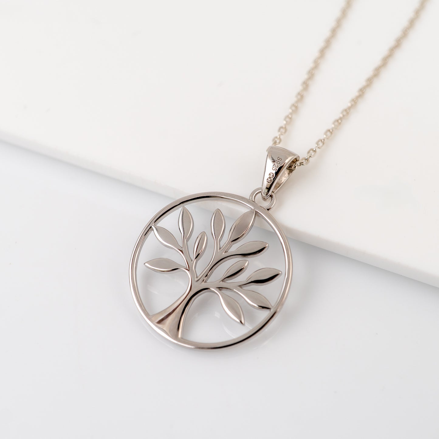 silver tree of life necklace with hallmarked bail and hunters fine jewellery mark