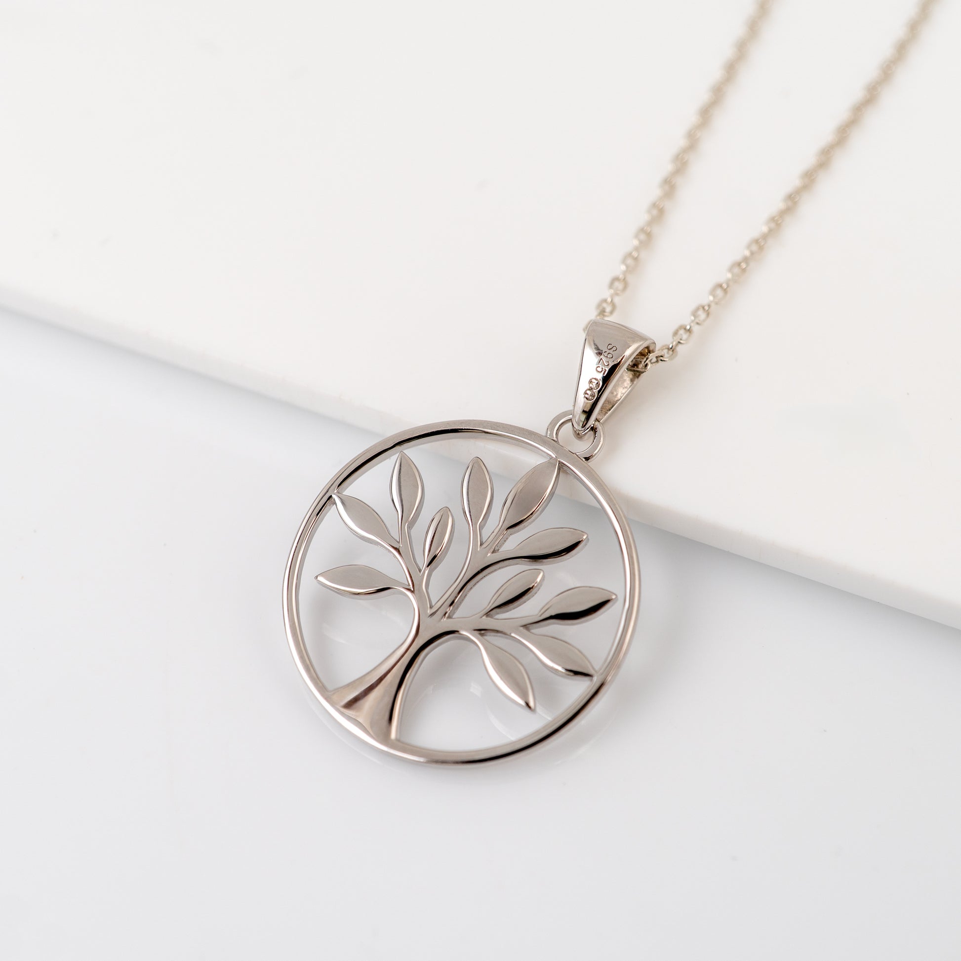 silver tree of life necklace with hallmarked bail and hunters fine jewellery mark