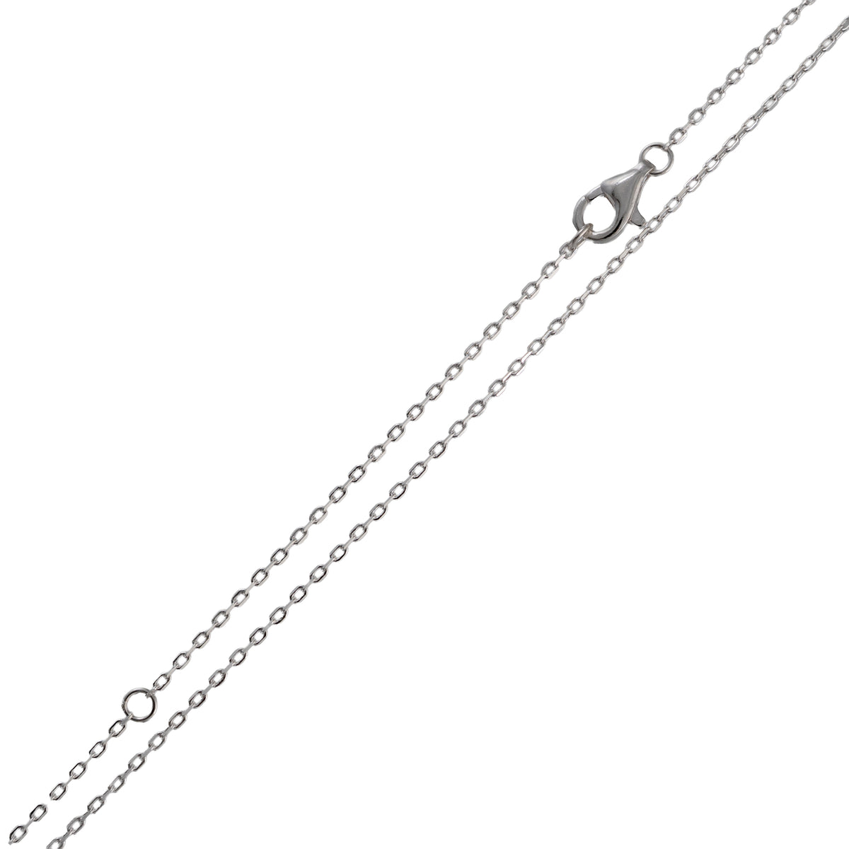 Silver chain necklace showing extension and lobster clasp on a white background