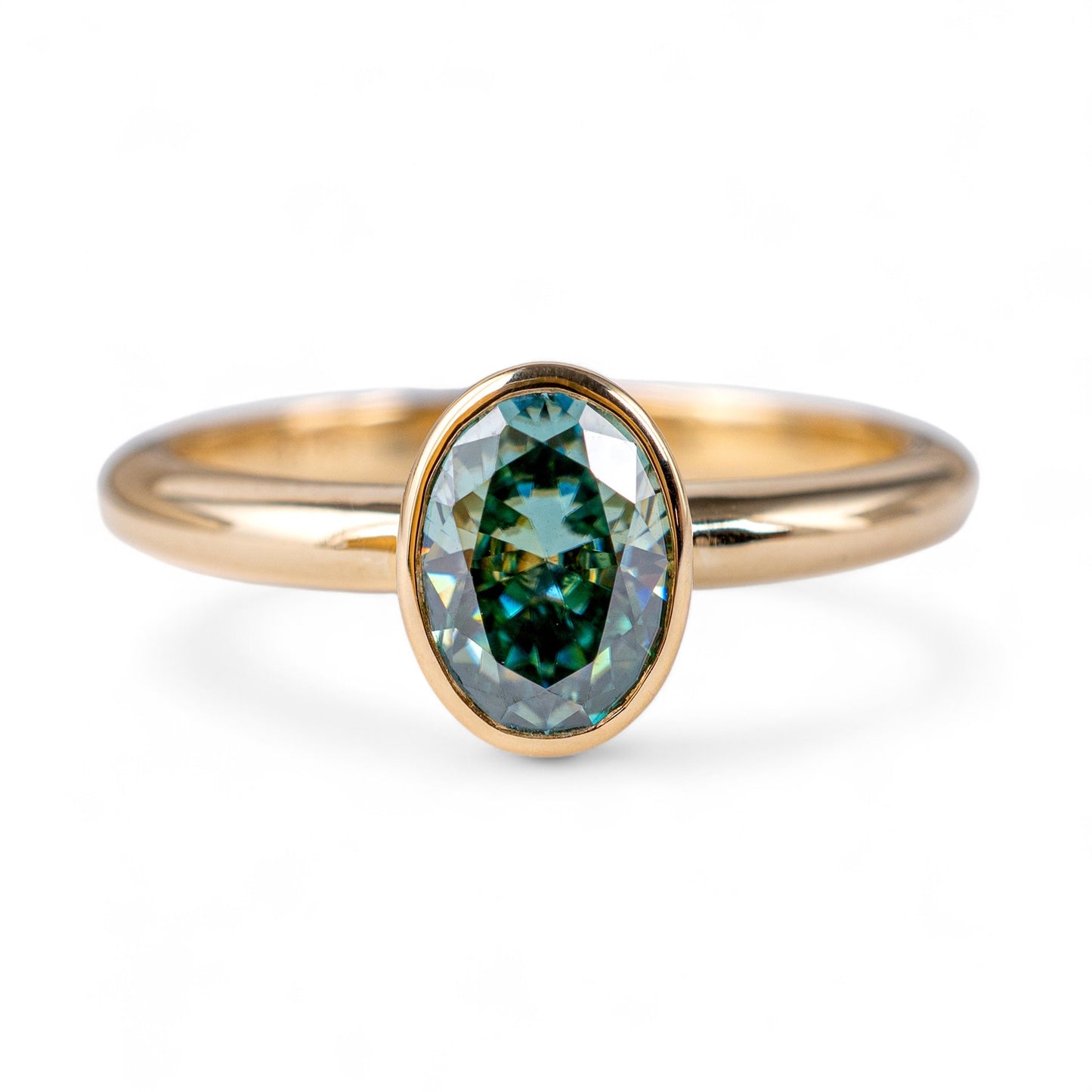 Teal moissanite ring oval yellow gold hunters fine jewellery  front view 