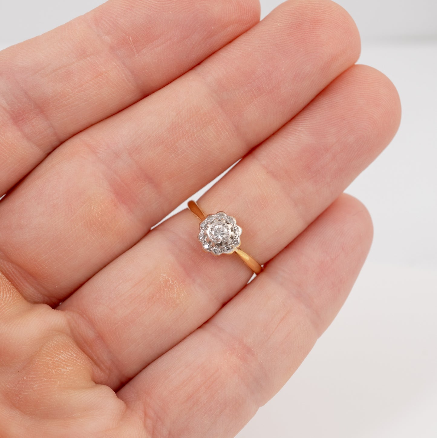 A close-up of a hand holding a vintage-style diamond engagement ring. The ring features a yellow gold band with a round diamond cluster setting.