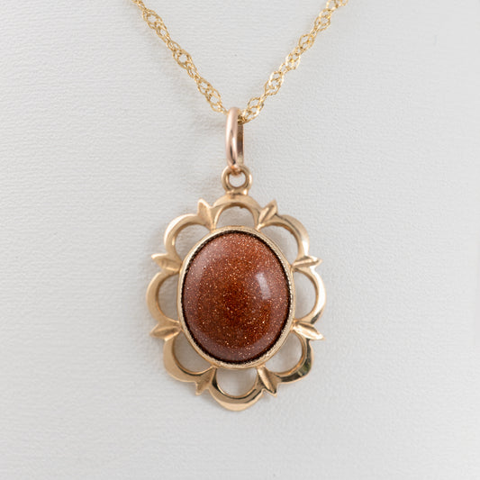 9ct Gold Goldstone Crystal Pendant on Rope Chain