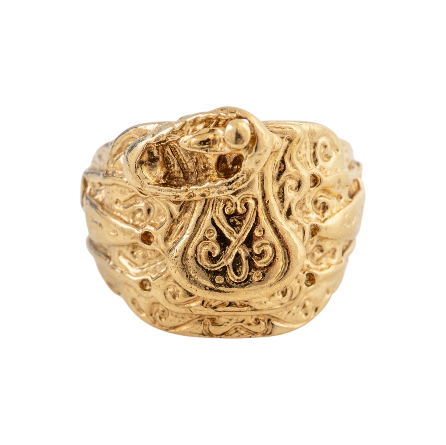 Vintage men's 9ct gold saddle ring with ornate raised serpent design