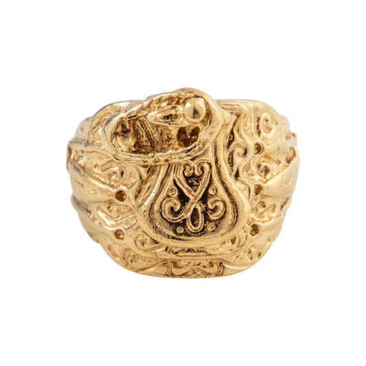 Vintage men's 9ct gold saddle ring with ornate raised serpent design