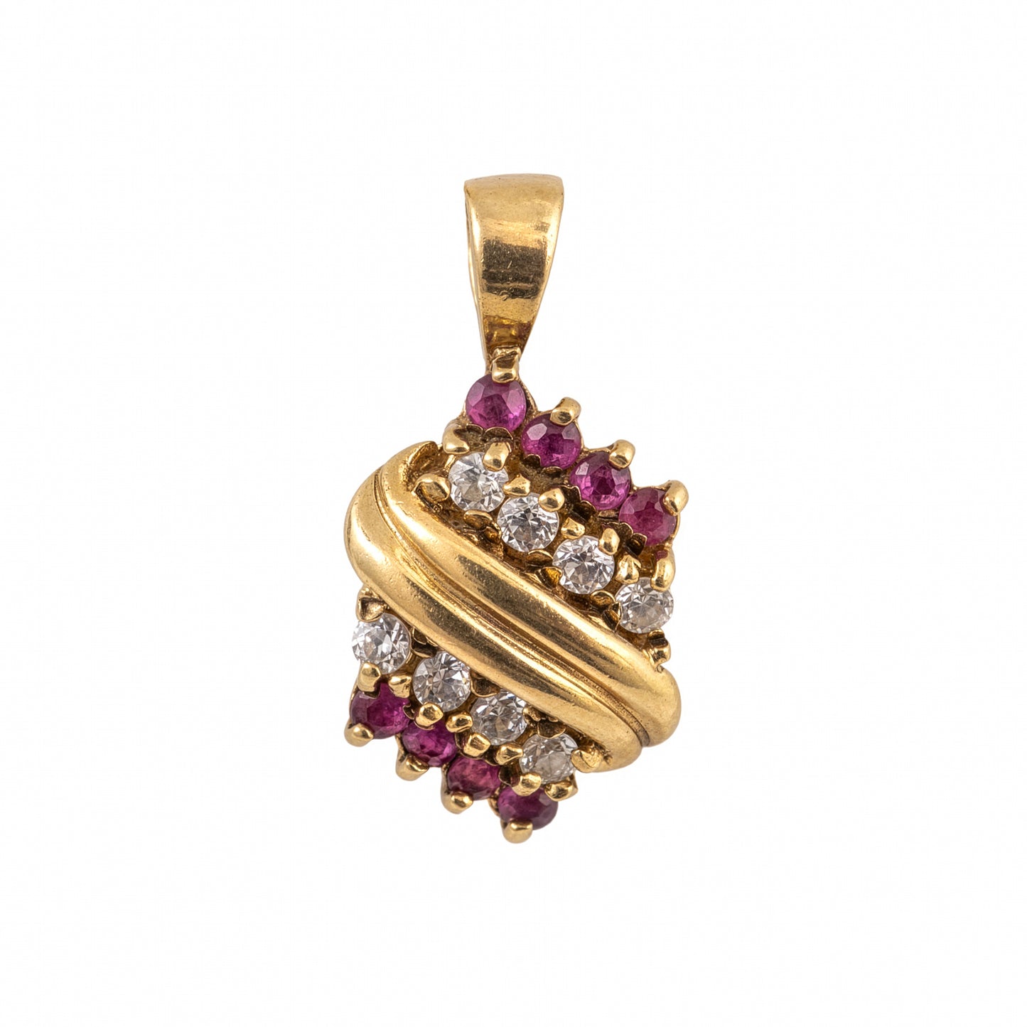 A gold pendant featuring a twisted wrap design adorned with small clear round-cut stones and clusters of round pinkish-purple ruby gemstones, shown on a plain white background.