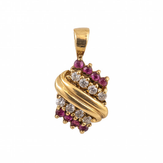 A gold pendant featuring a twisted wrap design adorned with small clear round-cut stones and clusters of round pinkish-purple ruby gemstones, shown on a plain white background.