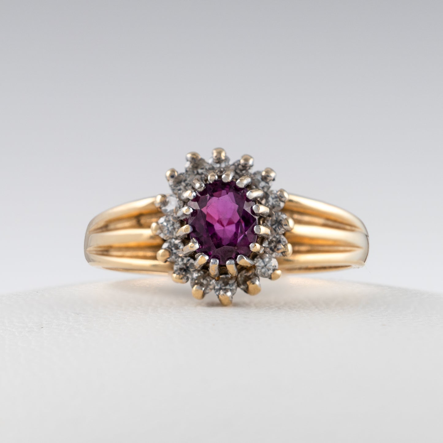 Pre-Owned Ruby Diamond Halo Ring 9ct Gold