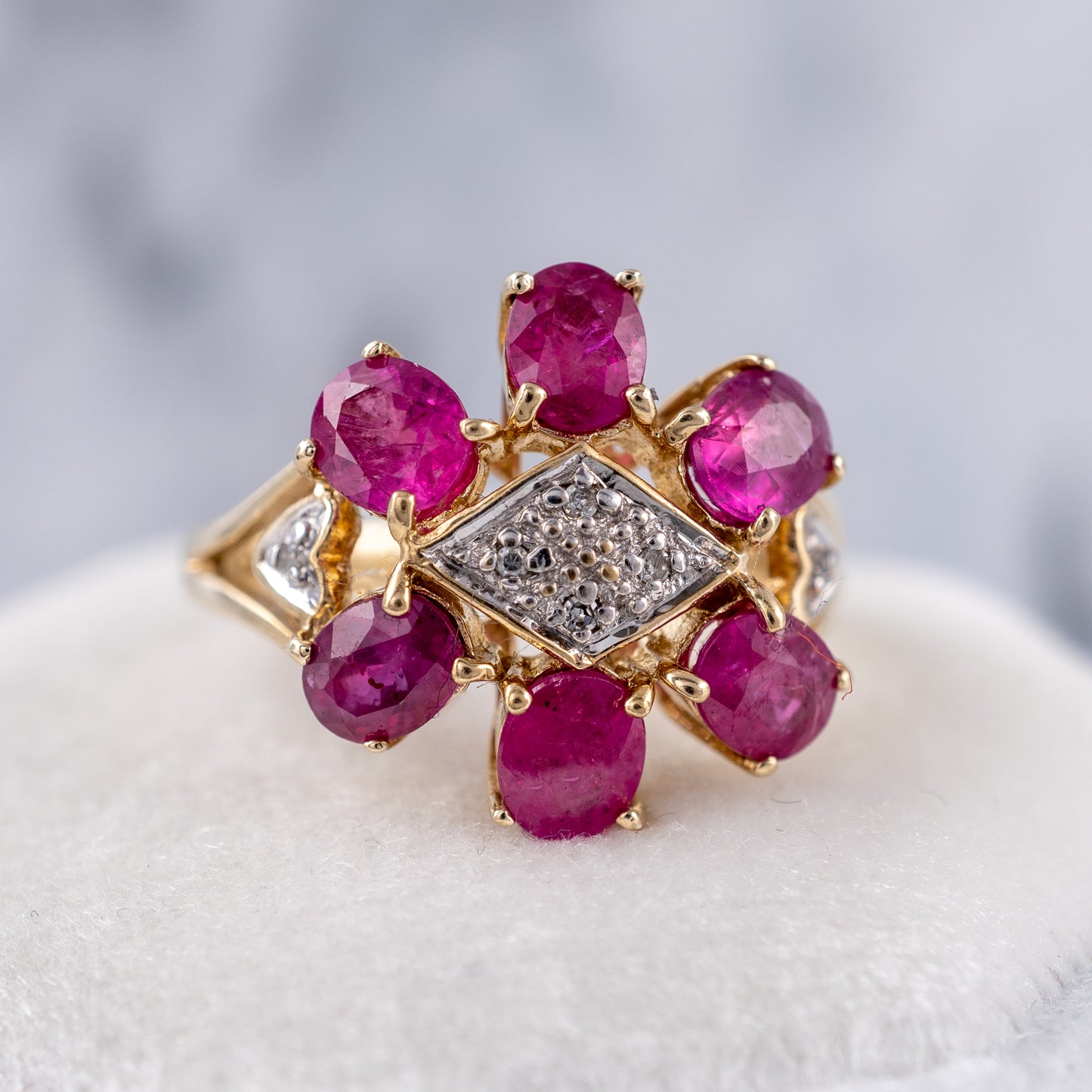 ruby flower ring 9ct yellow gold front view 