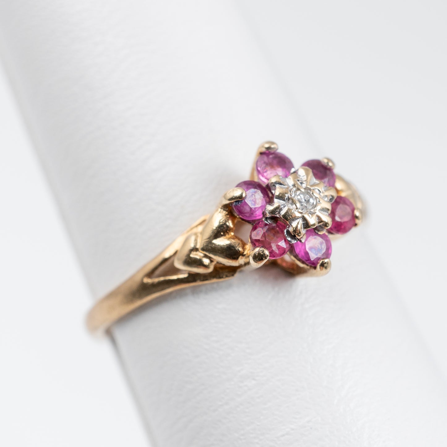 ruby and diamond ring yellow gold with hearts on shoulders