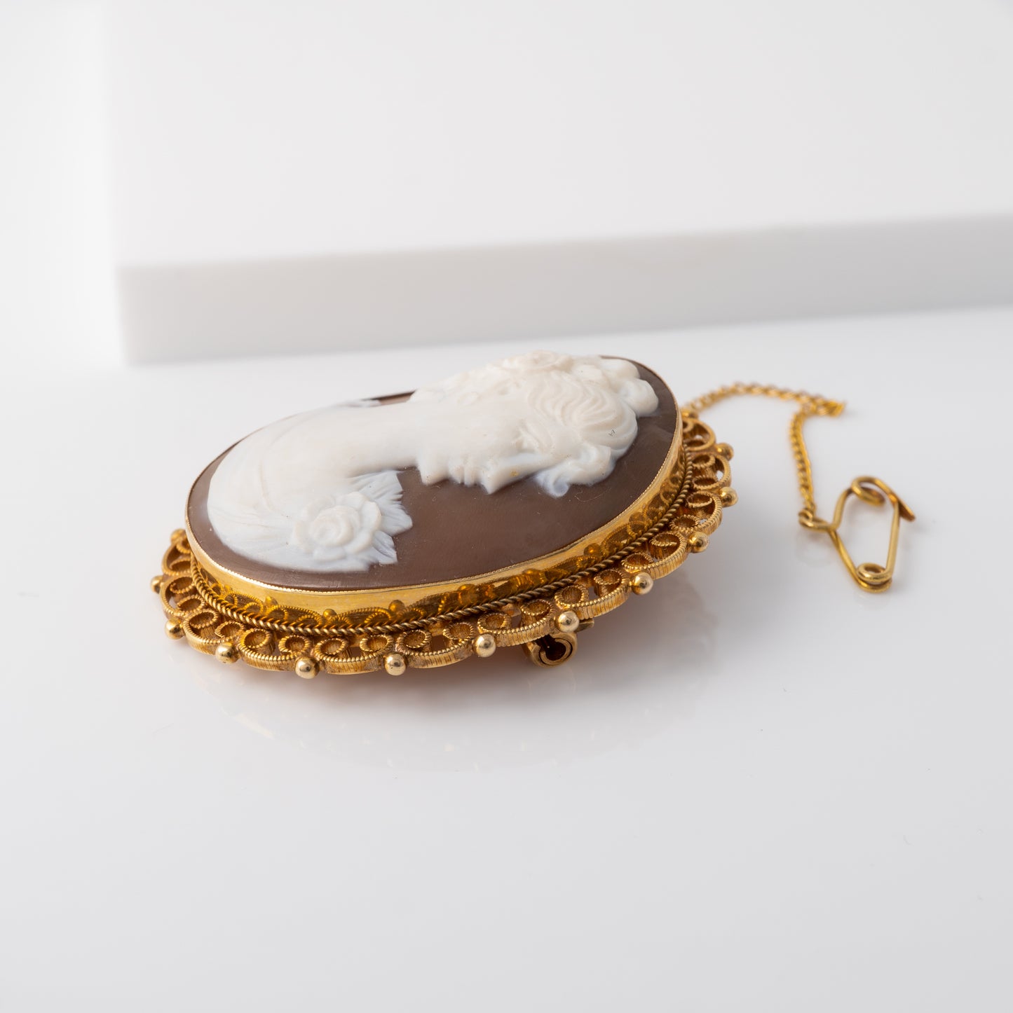 Side view of vintage cameo brooch with rope and ball border details