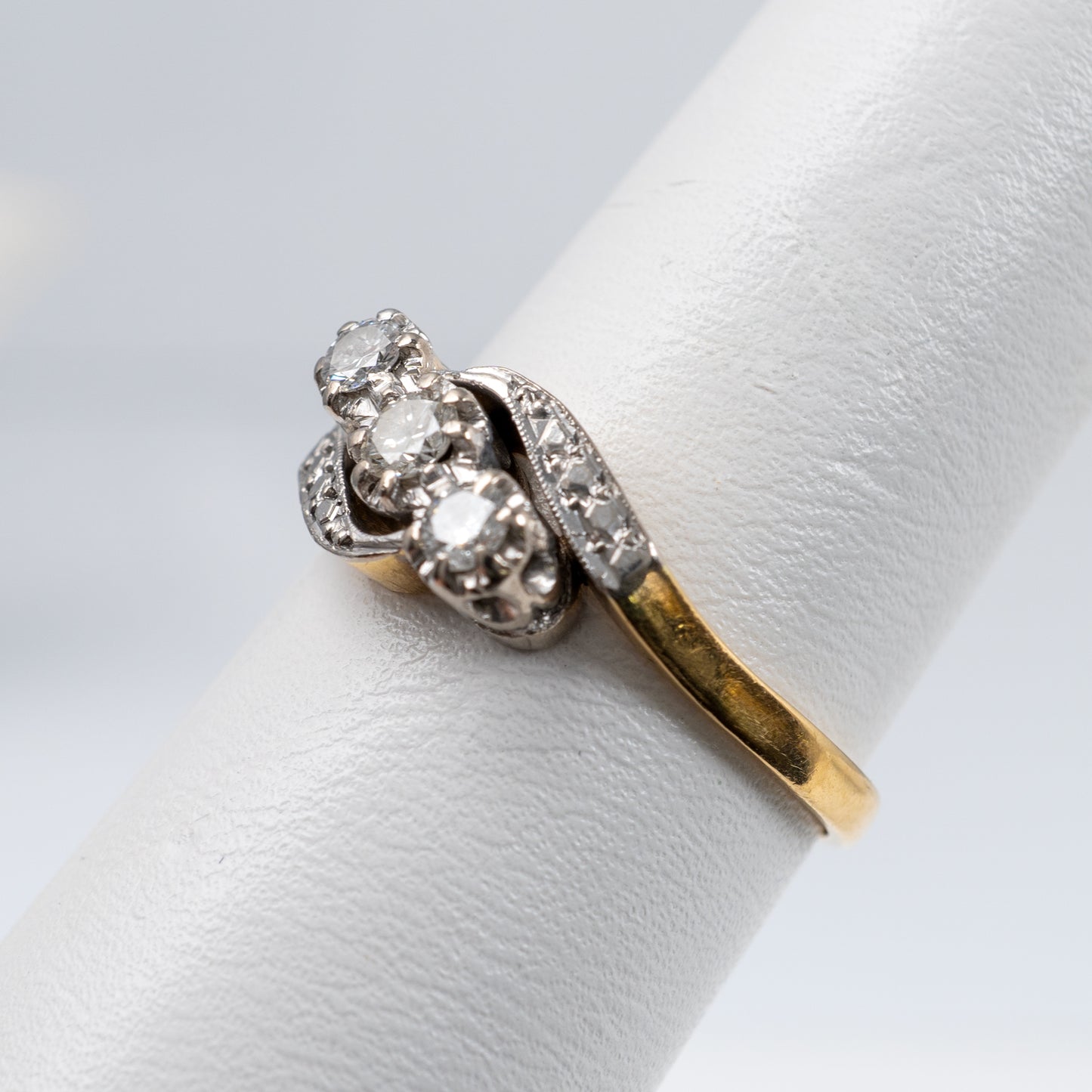 Close-up of the platinum setting and diamonds on vintage ring