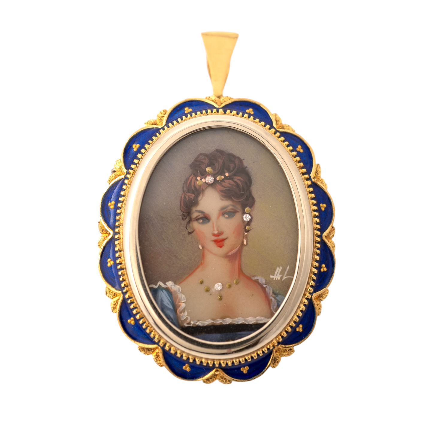 Front view of vintage Italian 18k gold picture pendant brooch with enamel and diamanté accents