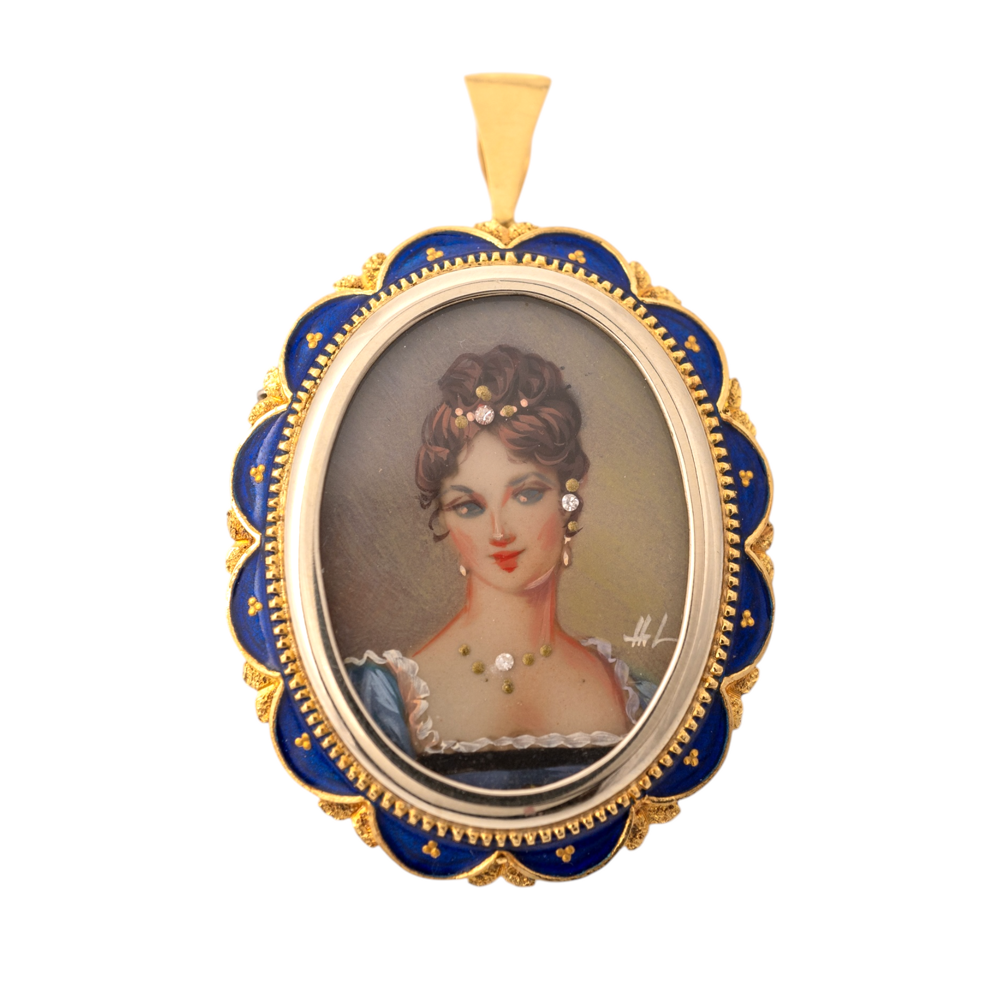 Front view of vintage Italian 18k gold picture pendant brooch with enamel and diamanté accents