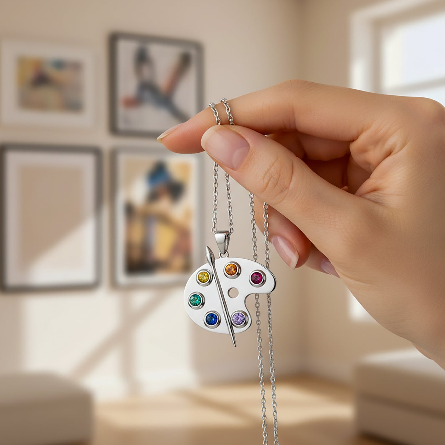 Silver Artist Palette Necklace against a blurred modern  indoor background