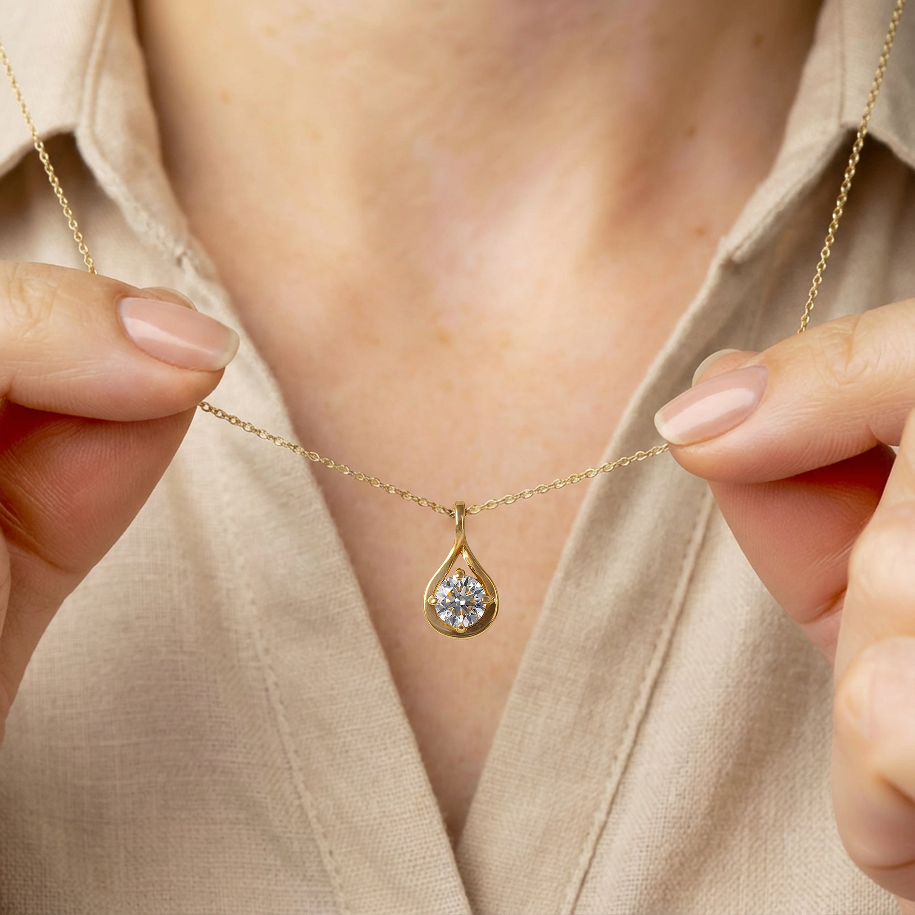 woman wearing 375 gold lab diamond infinity necklace