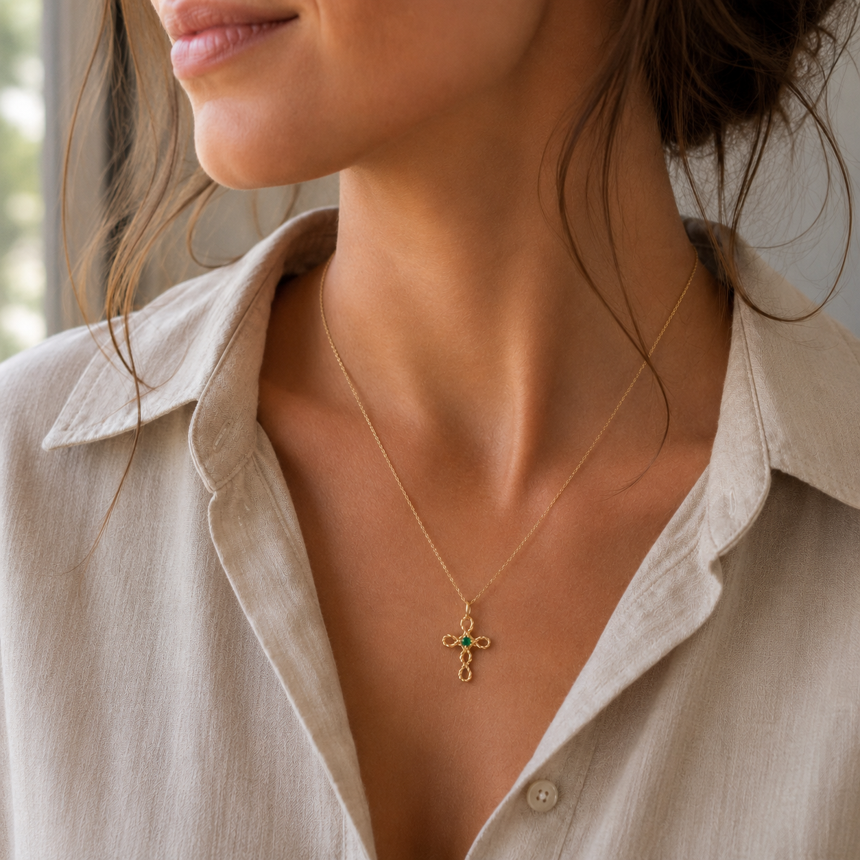 Gold Cross Necklace with Green Onyx