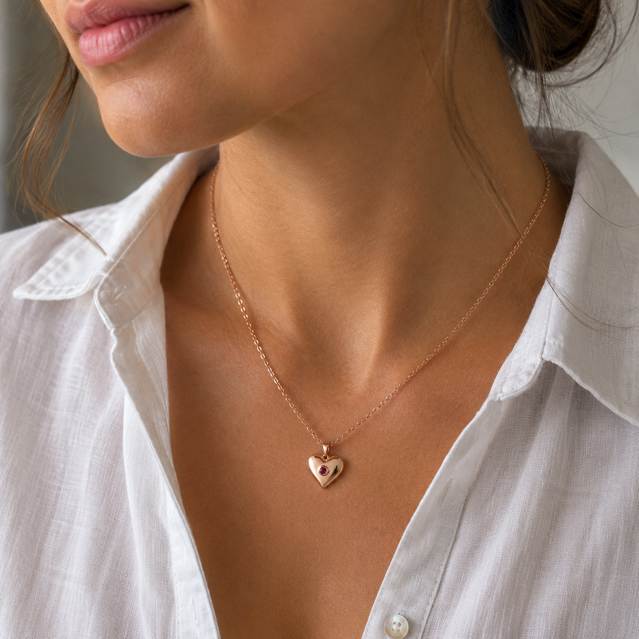 A close-up of a woman wearing a delicate rose gold chain necklace with a small heart-shaped pendant featuring a tiny red heart detail, styled with a white collared shirt.