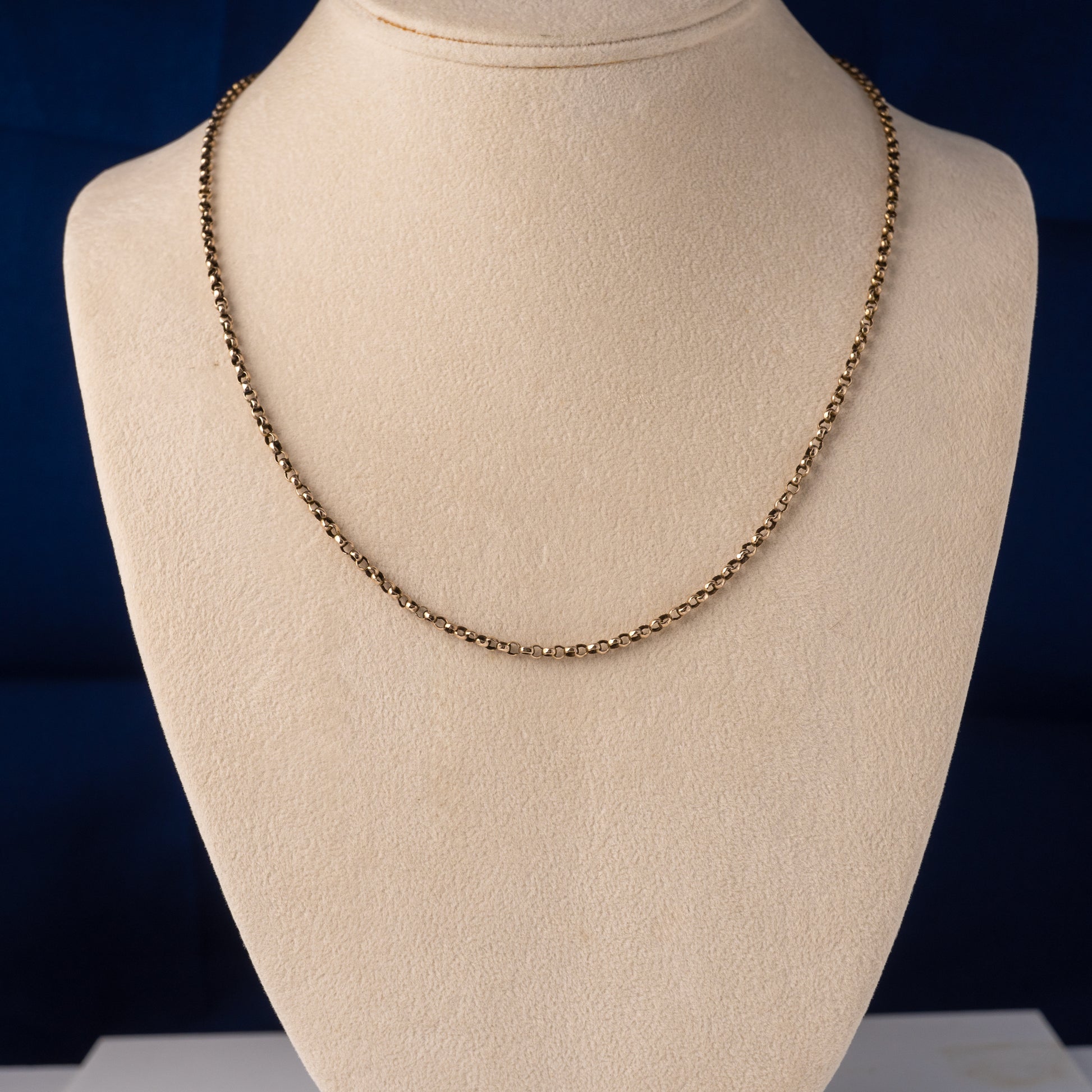 Women’s 9ct gold belcher necklace displayed on a jewellery bust