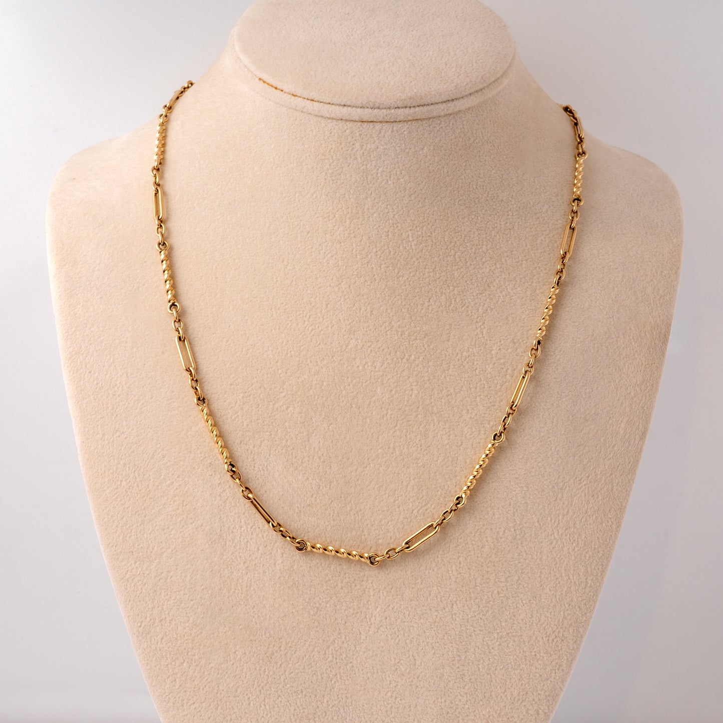 Vintage gold chain necklace on display bust showing full length and design, Hunters Fine Jewellery