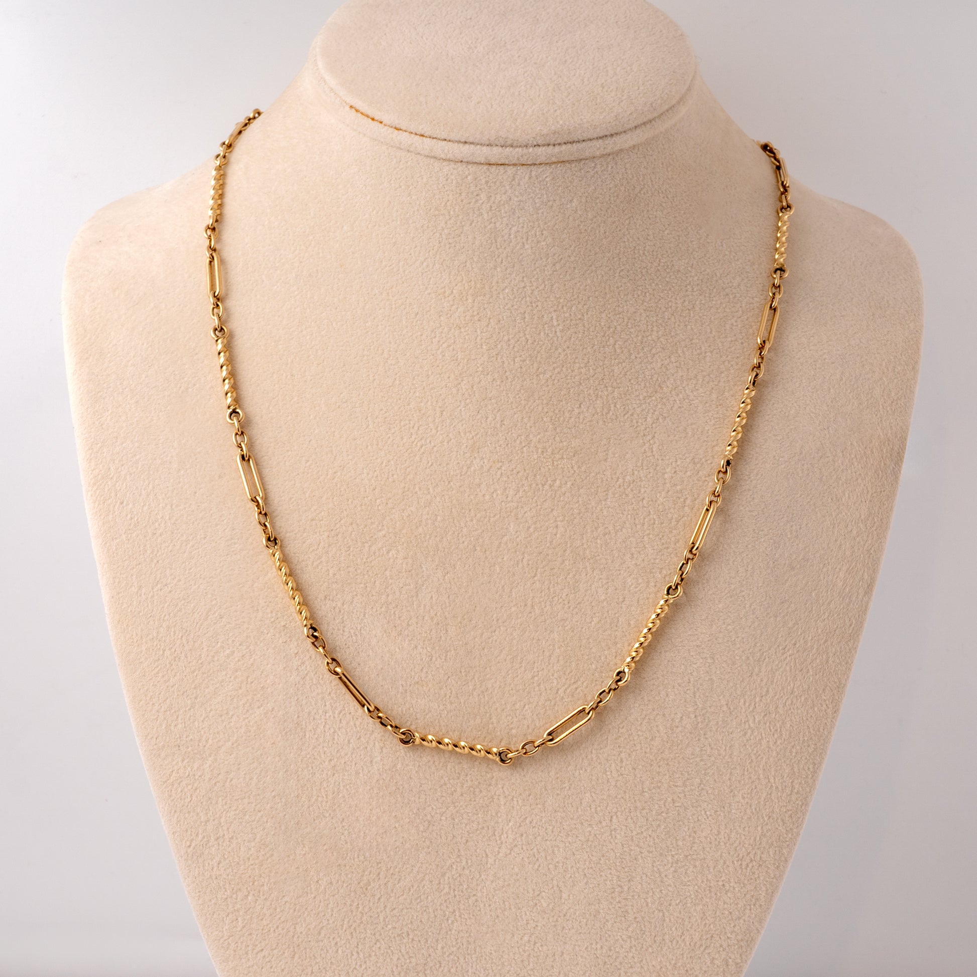 Vintage gold chain necklace on display bust showing full length and design, Hunters Fine Jewellery