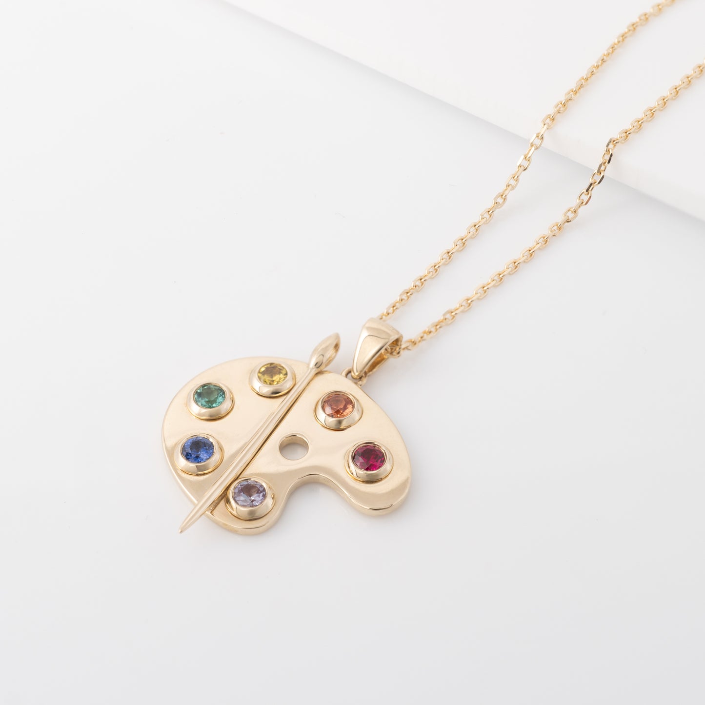 9ct Yellow gold art palette  necklace for artists with gemstone colours representing paint