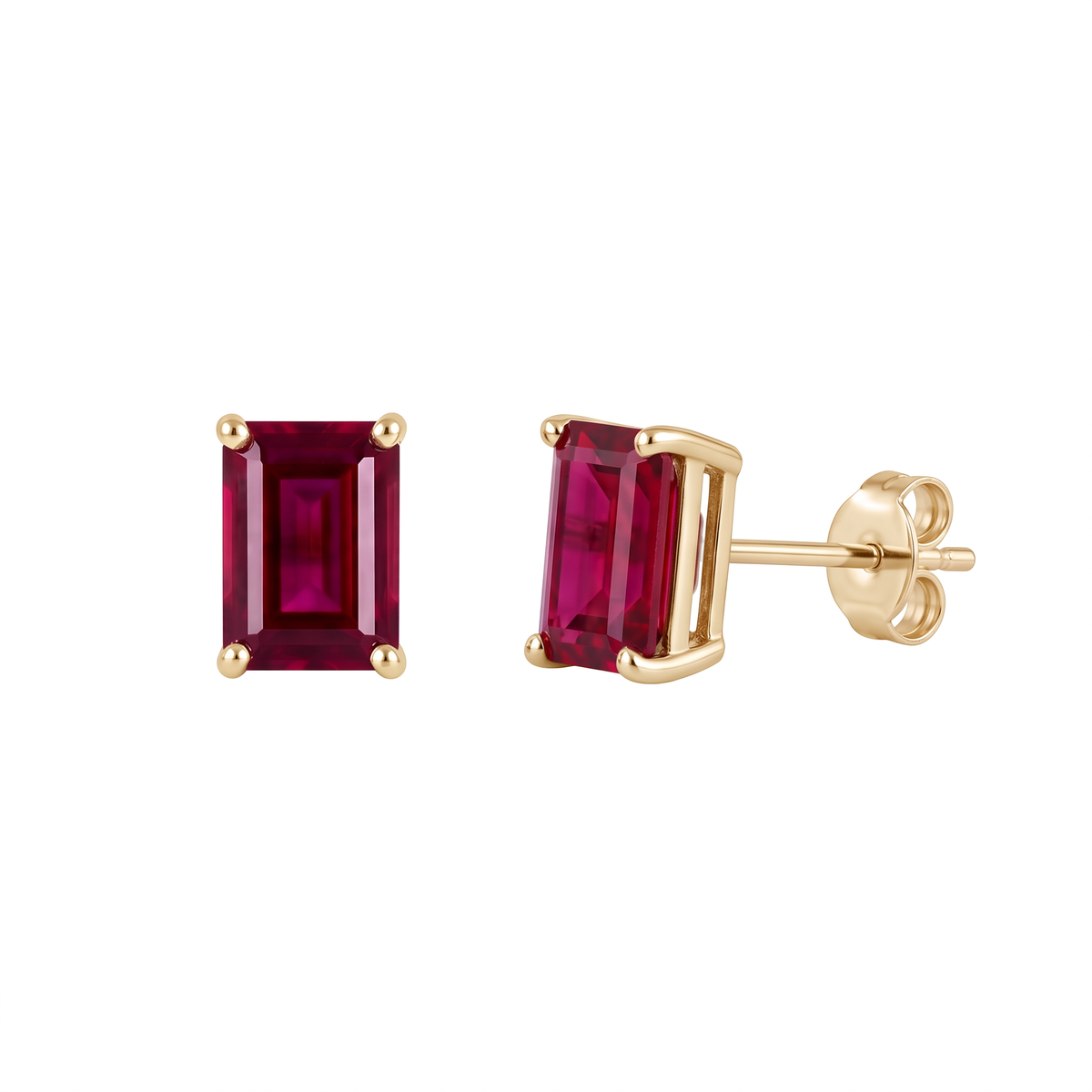 A pair of rectangular emerald-cut lab grown ruby stud earrings in yellow gold settings, with one earring facing forward and the other showing the post and butterfly back, on a plain white background.