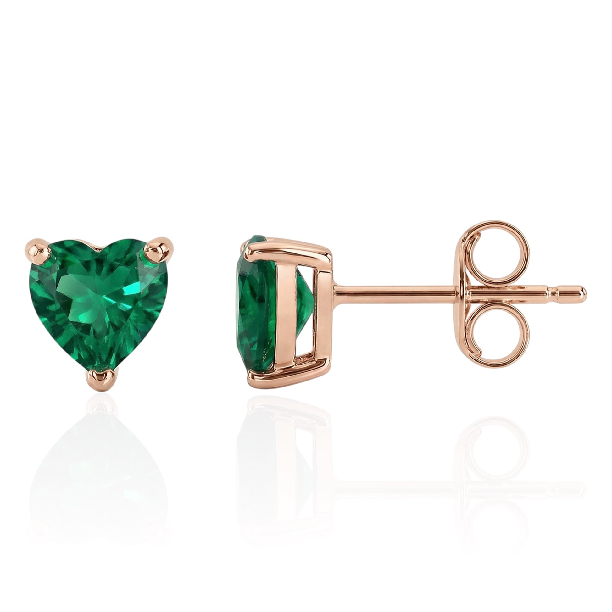 Rose gold emerald heart earrings on a white background front and side