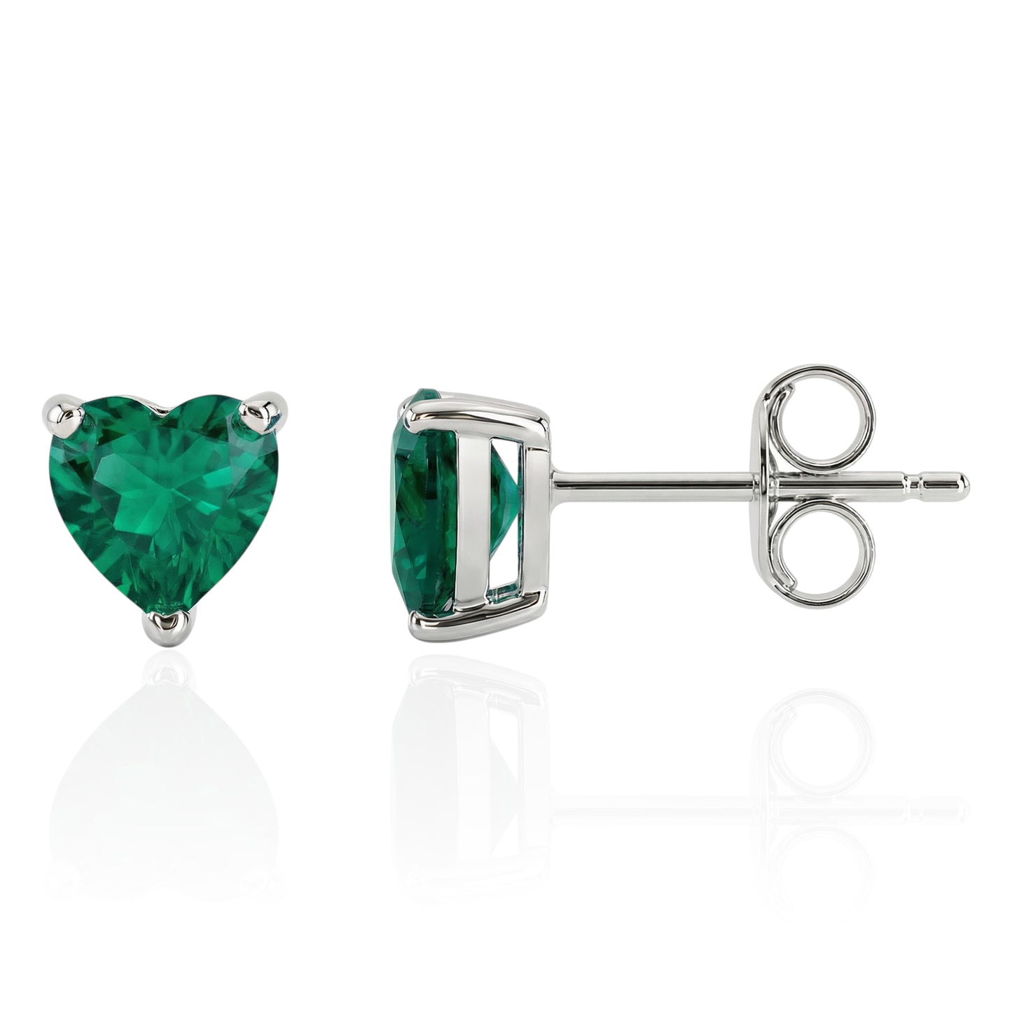 lab emerald heart studs front and side on white background