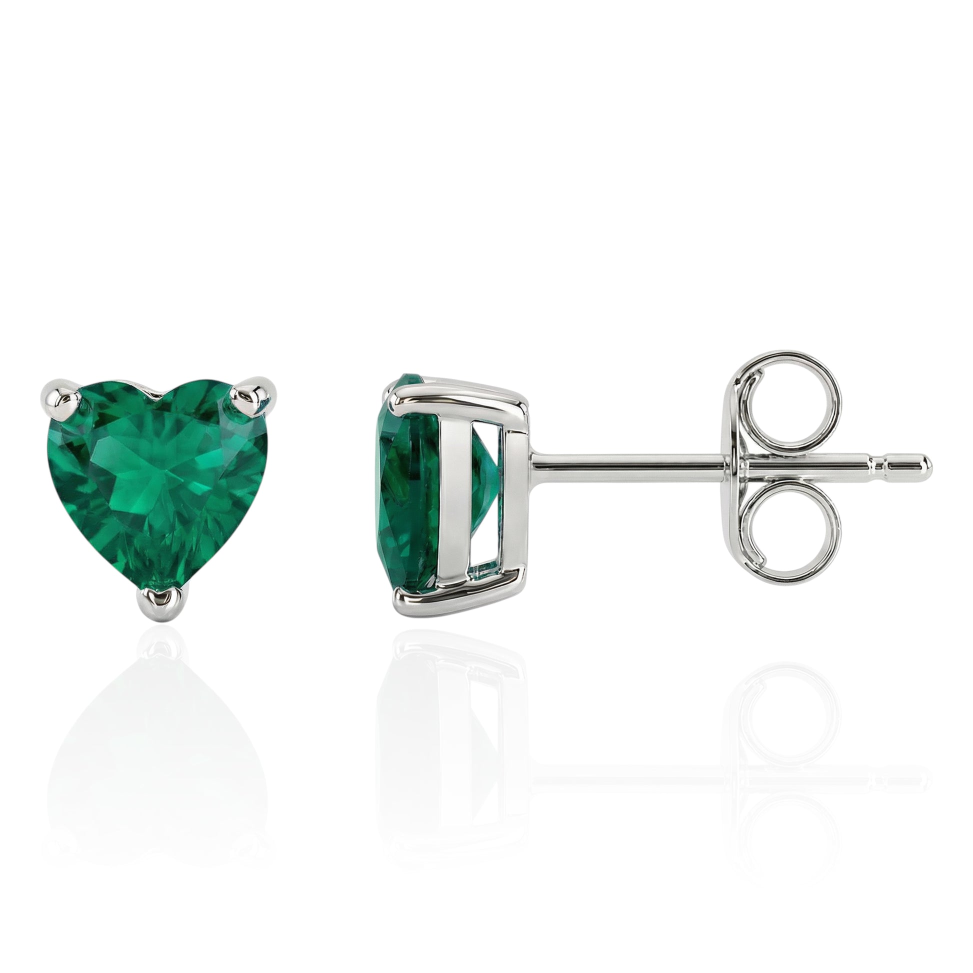 lab emerald heart studs front and side on white background