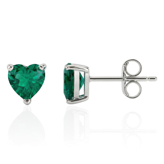 lab emerald heart studs front and side on white background