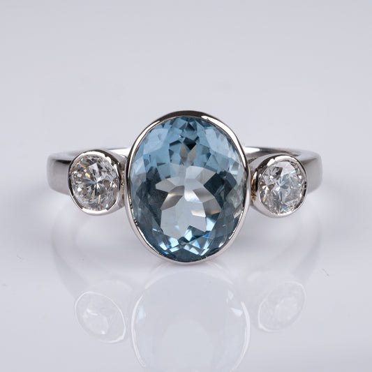 Fine Aquamarine Diamond Three Stone Statement Ring 18k White Gold Hallmarked-Gemstone Rings-Hunters Fine Jewellery