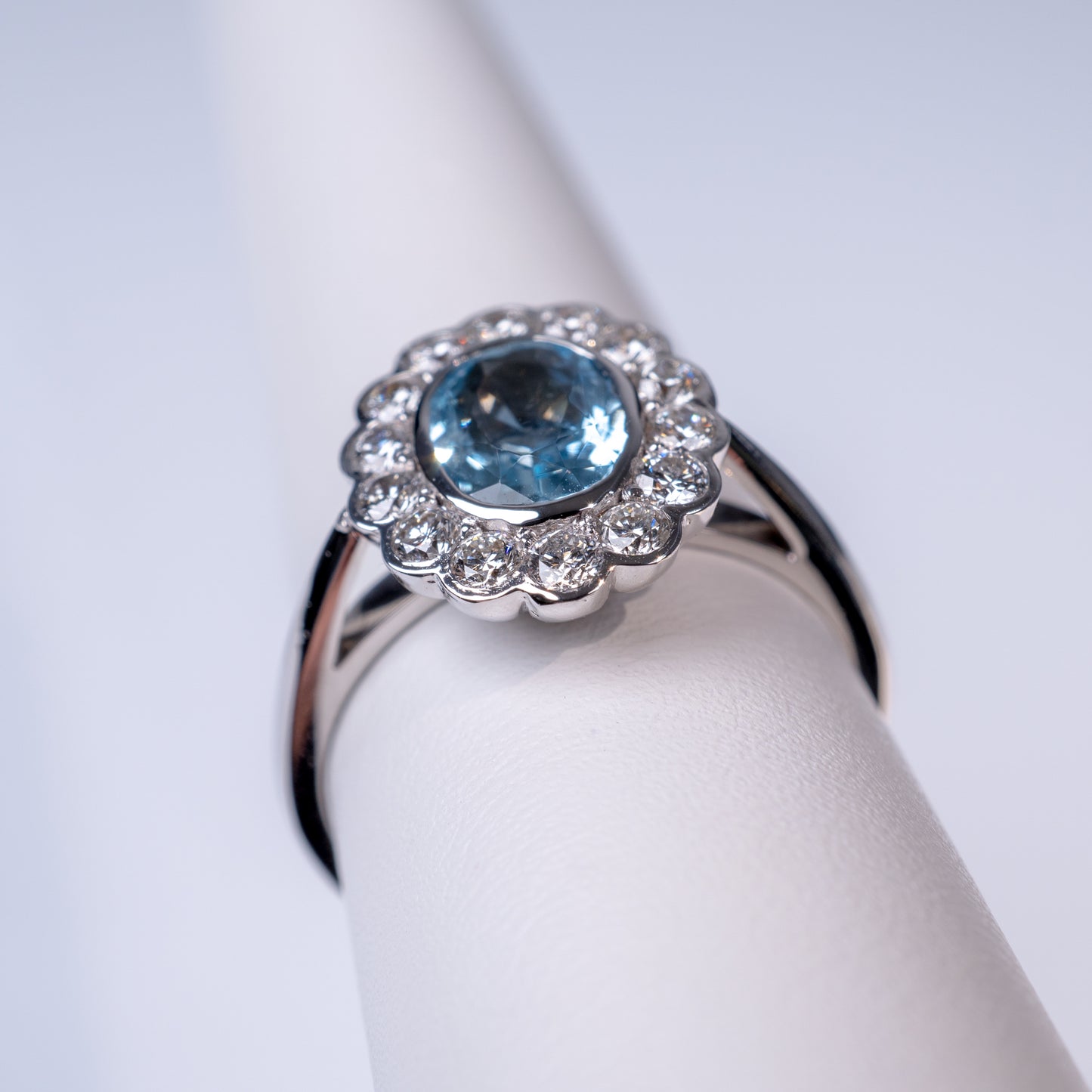 18K White Gold Art Deco Style Aquamarine & Diamond Halo Ring-Gemstone Rings-Hunters Fine Jewellery