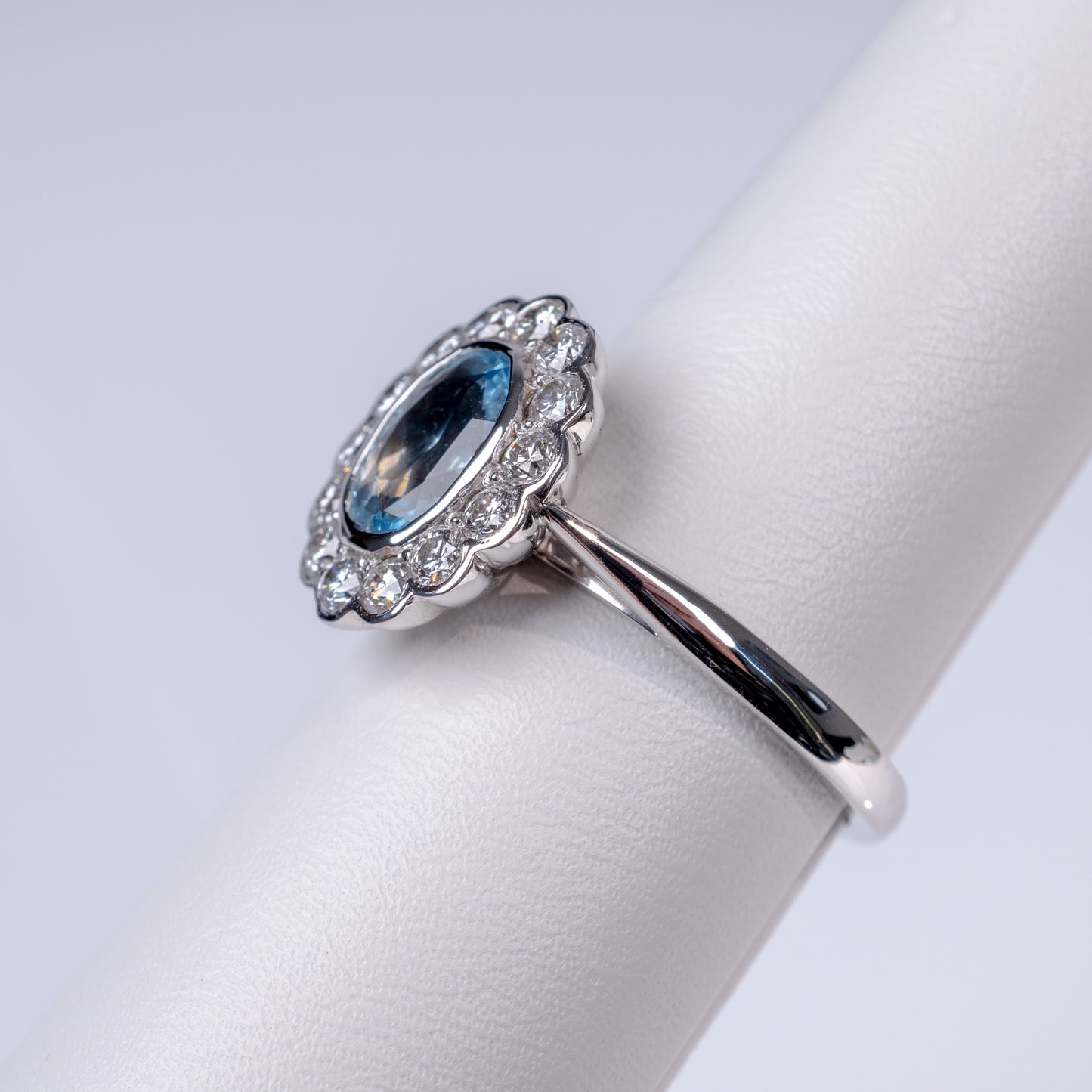 18K White Gold Art Deco Style Aquamarine & Diamond Halo Ring-Gemstone Rings-Hunters Fine Jewellery