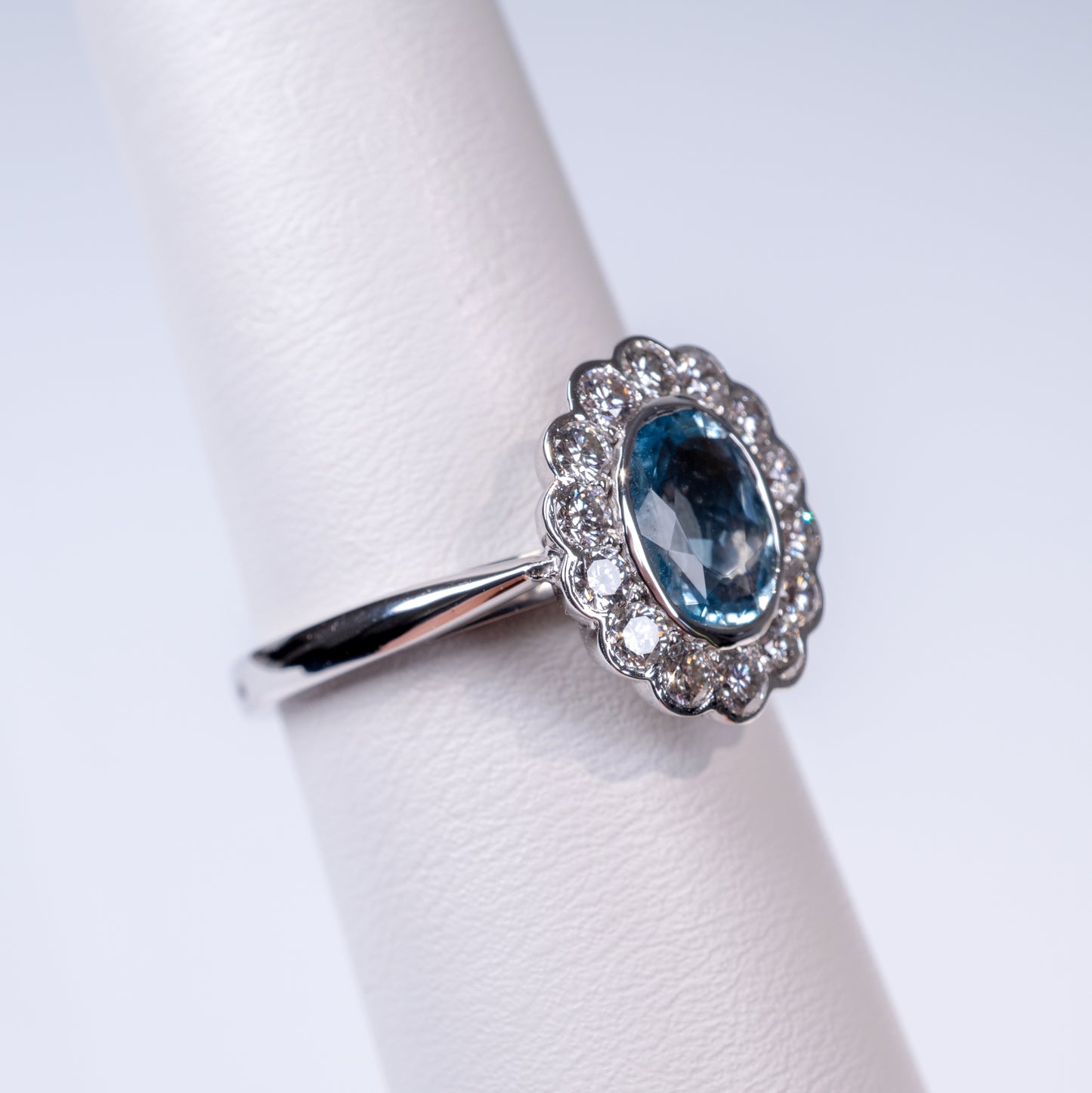 18K White Gold Art Deco Style Aquamarine & Diamond Halo Ring-Gemstone Rings-Hunters Fine Jewellery