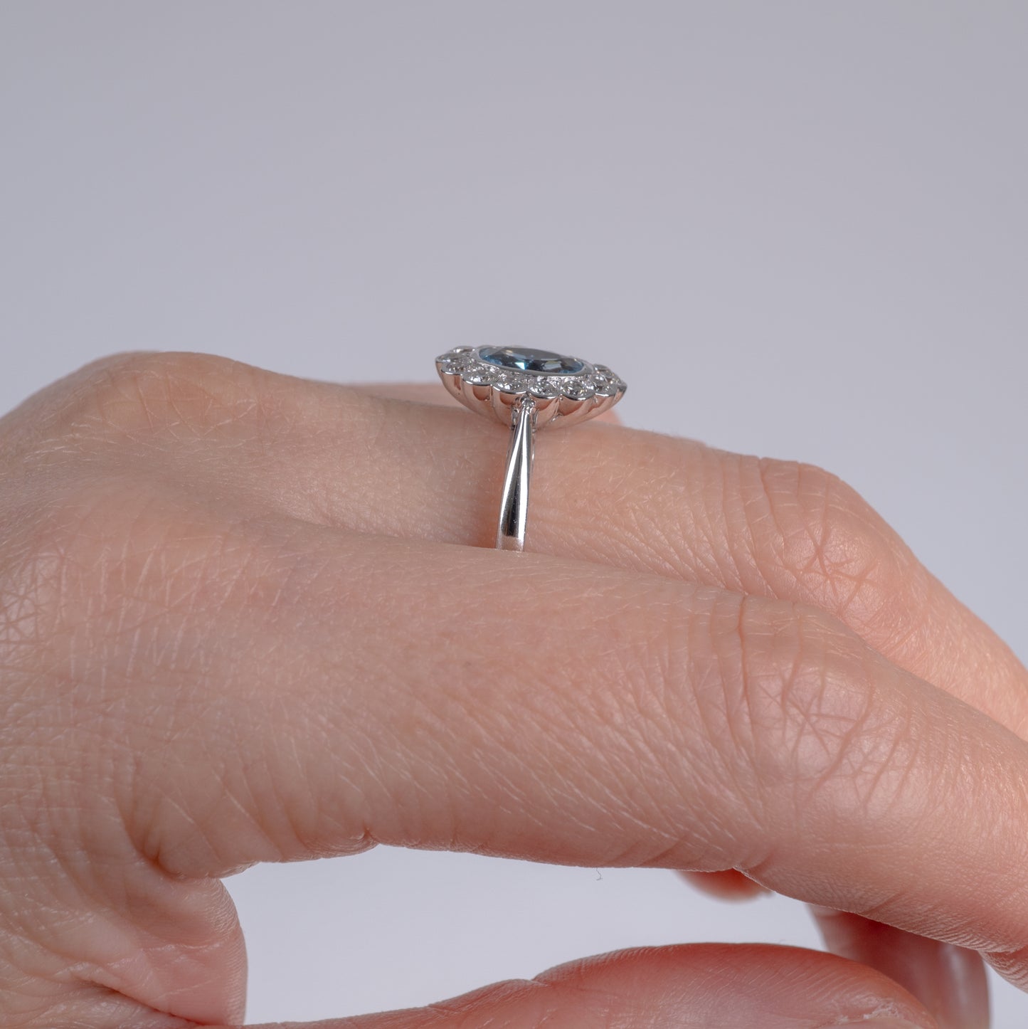 18K White Gold Art Deco Style Aquamarine & Diamond Halo Ring-Gemstone Rings-Hunters Fine Jewellery