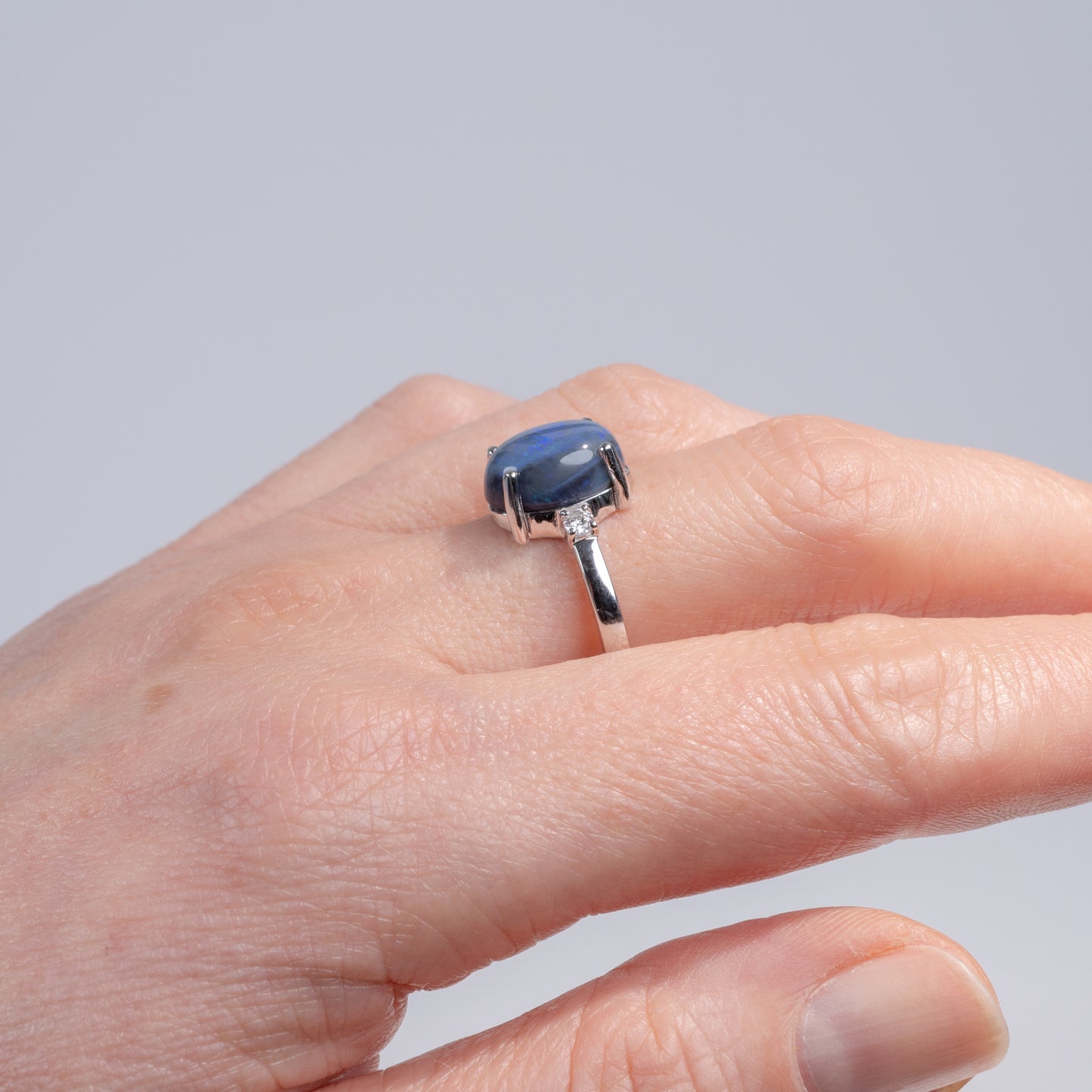 Australian Blue Opal & Diamond Ring 18K White Gold-Gemstone Rings-Hunters Fine Jewellery