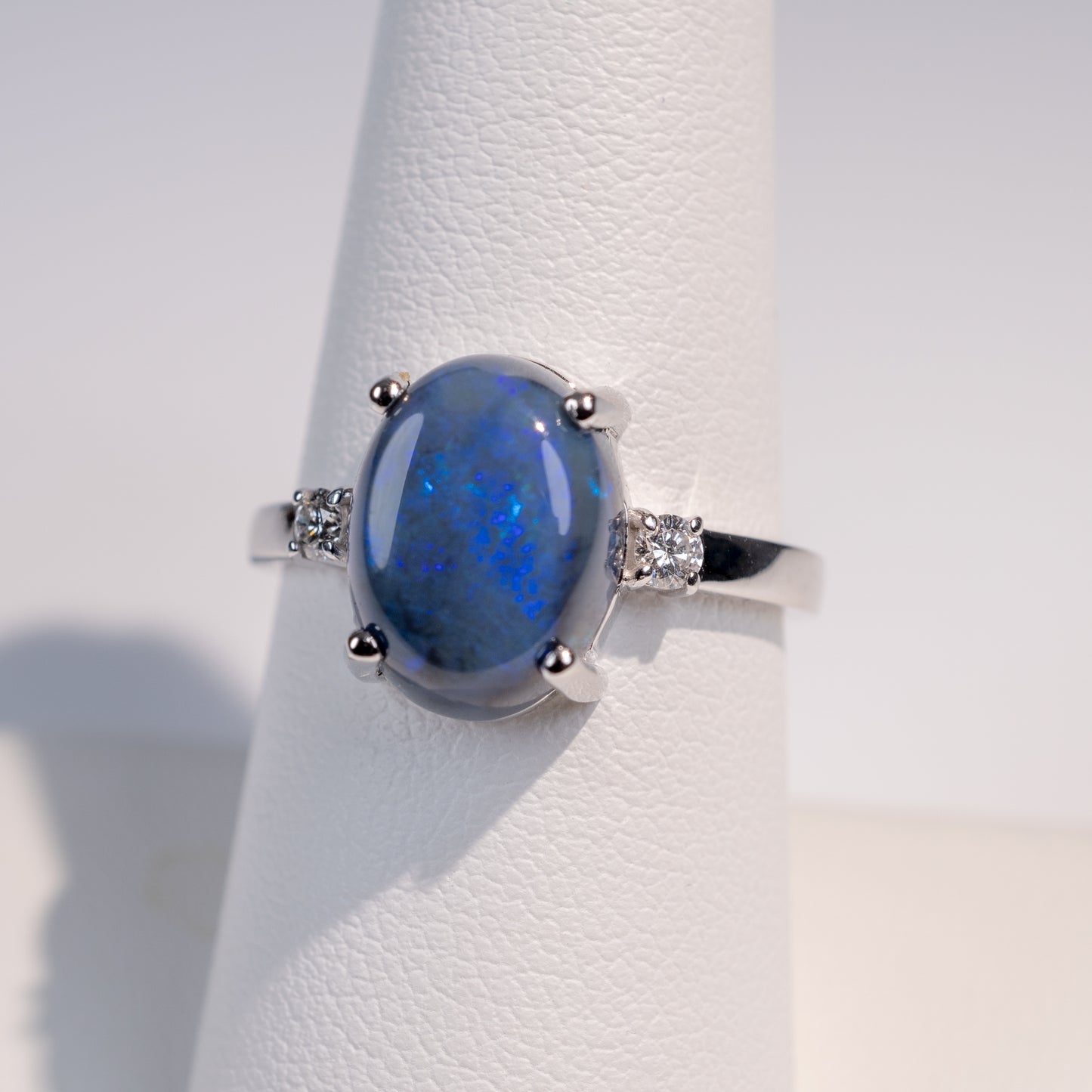 Australian Blue Opal & Diamond Ring 18K White Gold-Gemstone Rings-Hunters Fine Jewellery