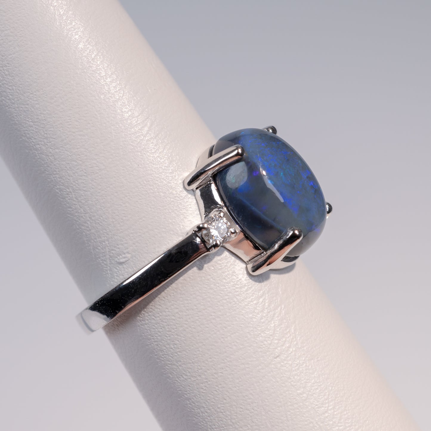 Australian Blue Opal & Diamond Ring 18K White Gold-Gemstone Rings-Hunters Fine Jewellery