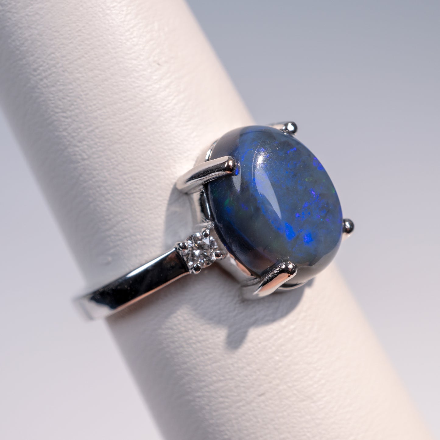 Australian Blue Opal & Diamond Ring 18K White Gold-Gemstone Rings-Hunters Fine Jewellery