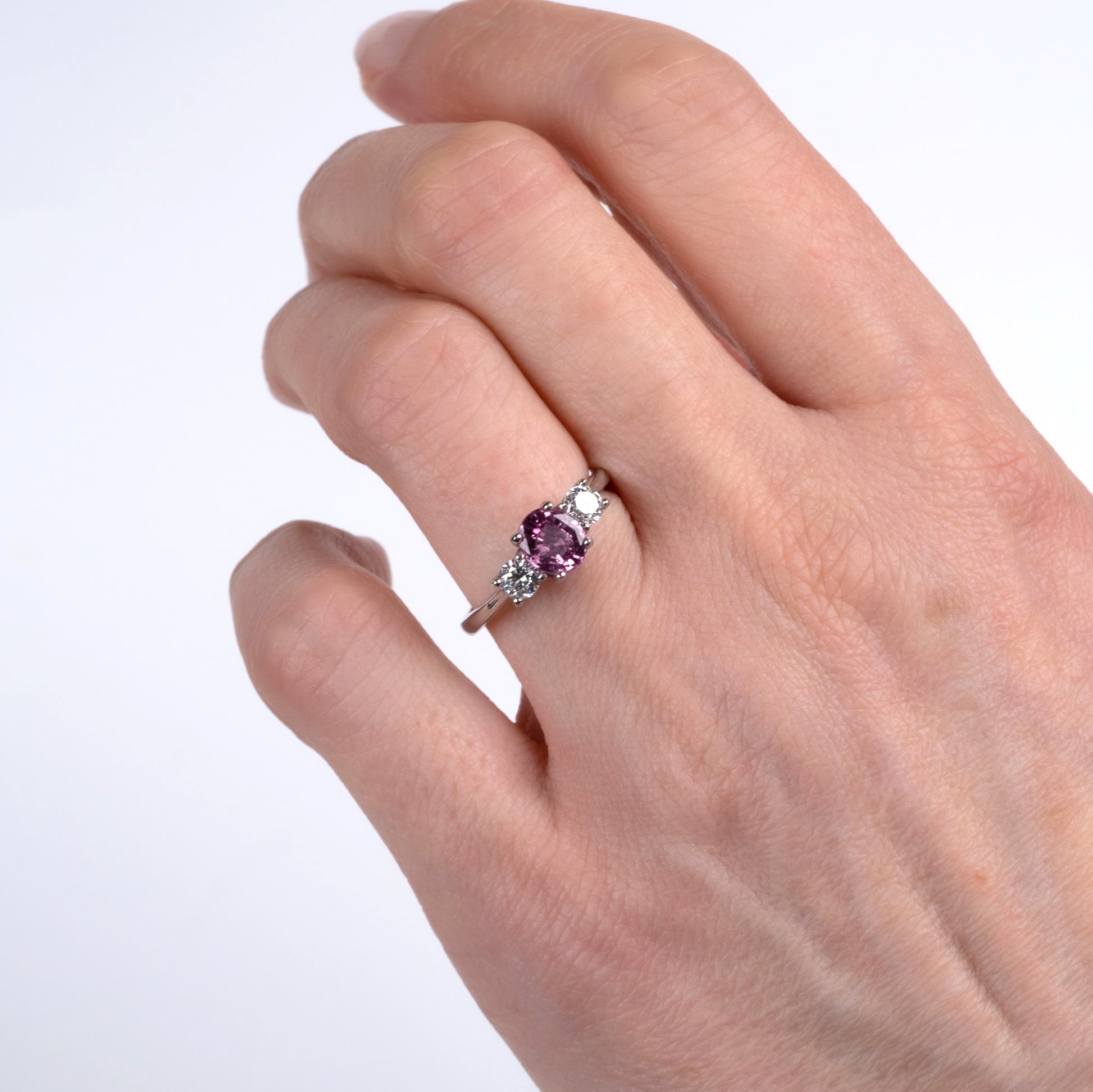 Pink Sapphire & Diamond Platinum Three Stone Ring - Hunters Fine Jewellery