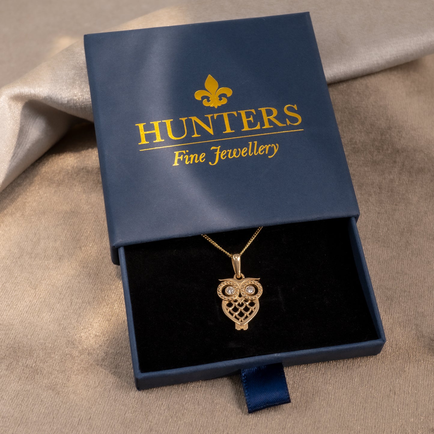 Diamond Eyes Owl Pendant Necklace 9ct Gold Hallmarked-Diamond Pendants-Hunters Fine Jewellery