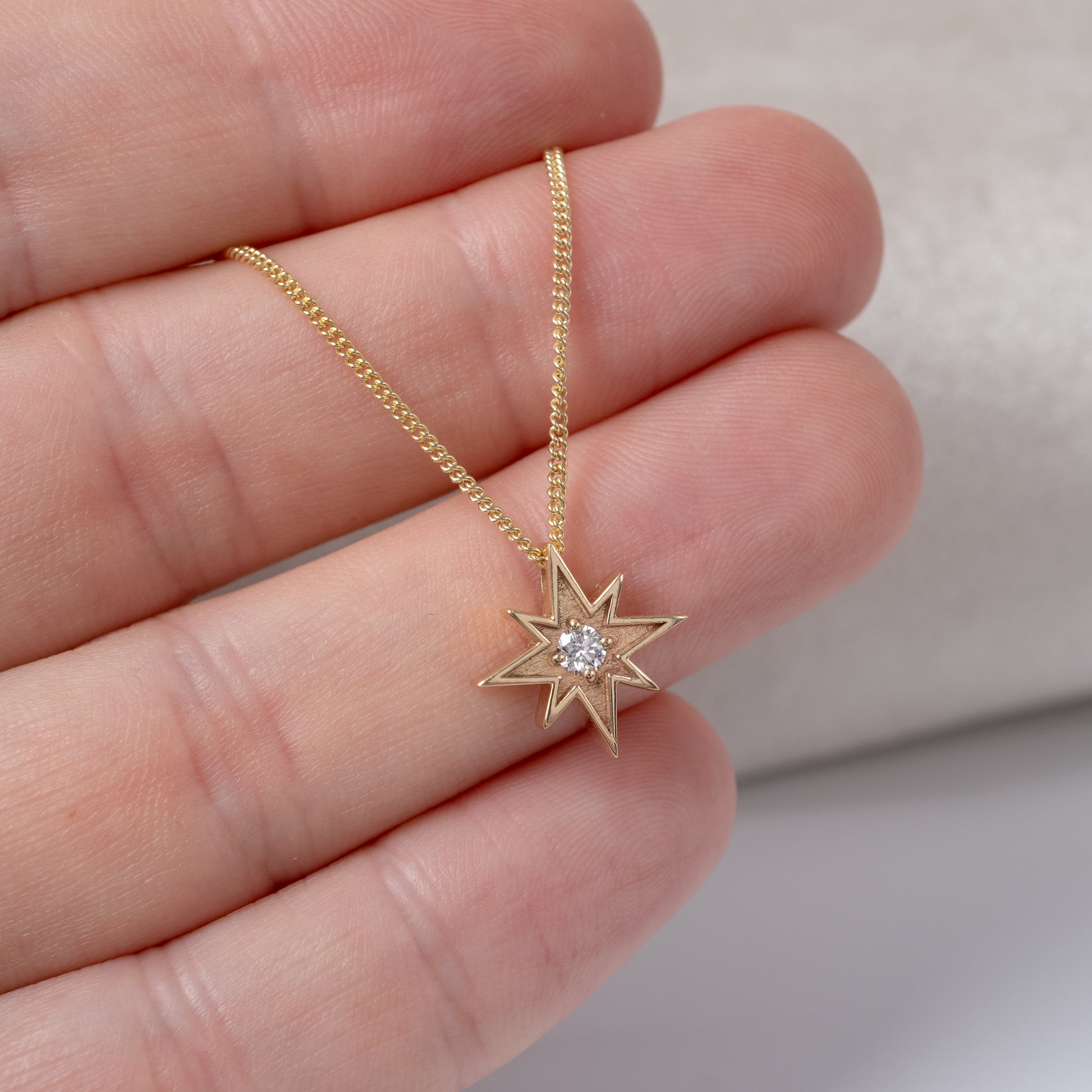 Diamond Set North Star Pendant 9ct Gold With 18" Curb Chain-Diamond Pendants-Hunters Fine Jewellery