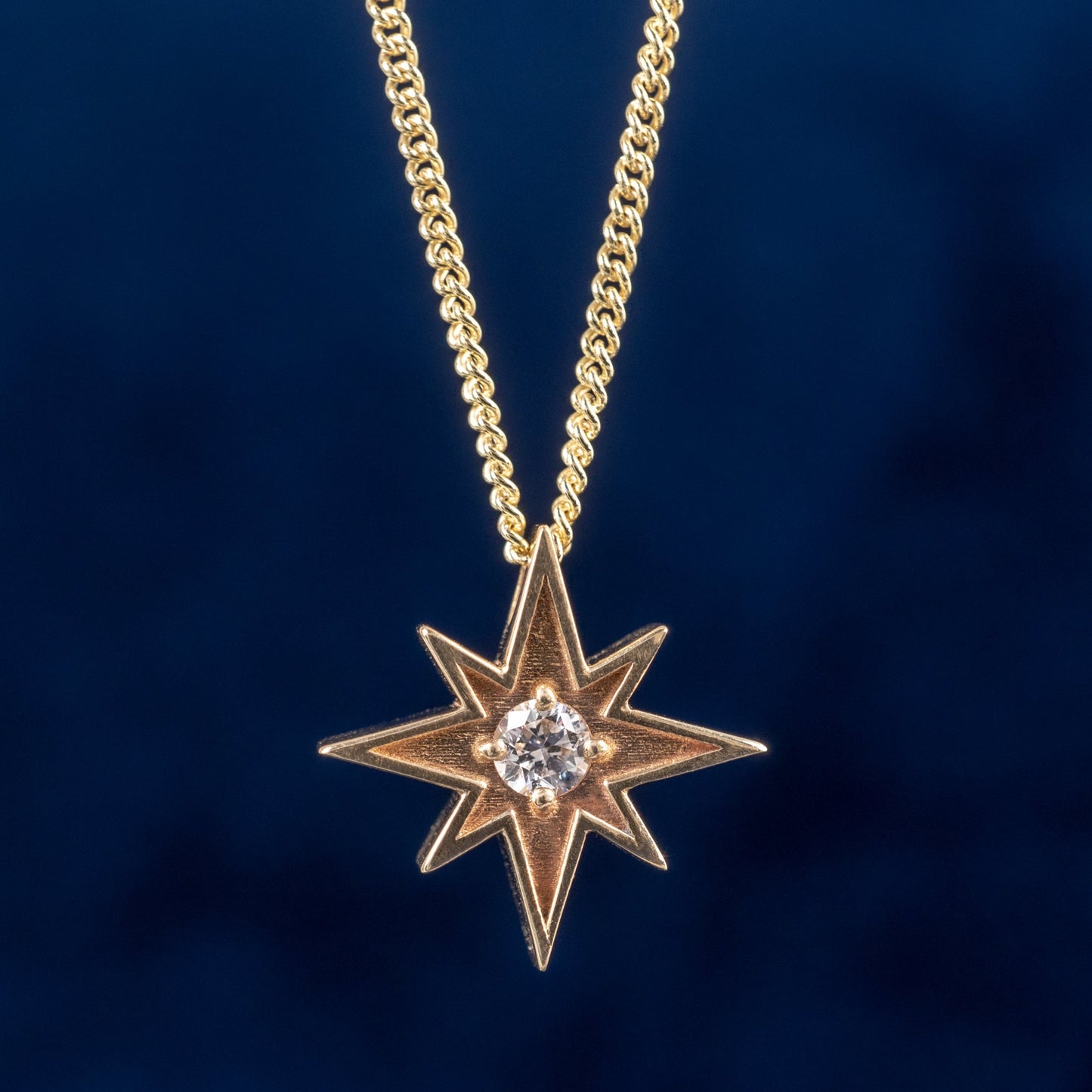 Diamond Set North Star Pendant 9ct Gold With 18" Curb Chain-Diamond Pendants-Hunters Fine Jewellery