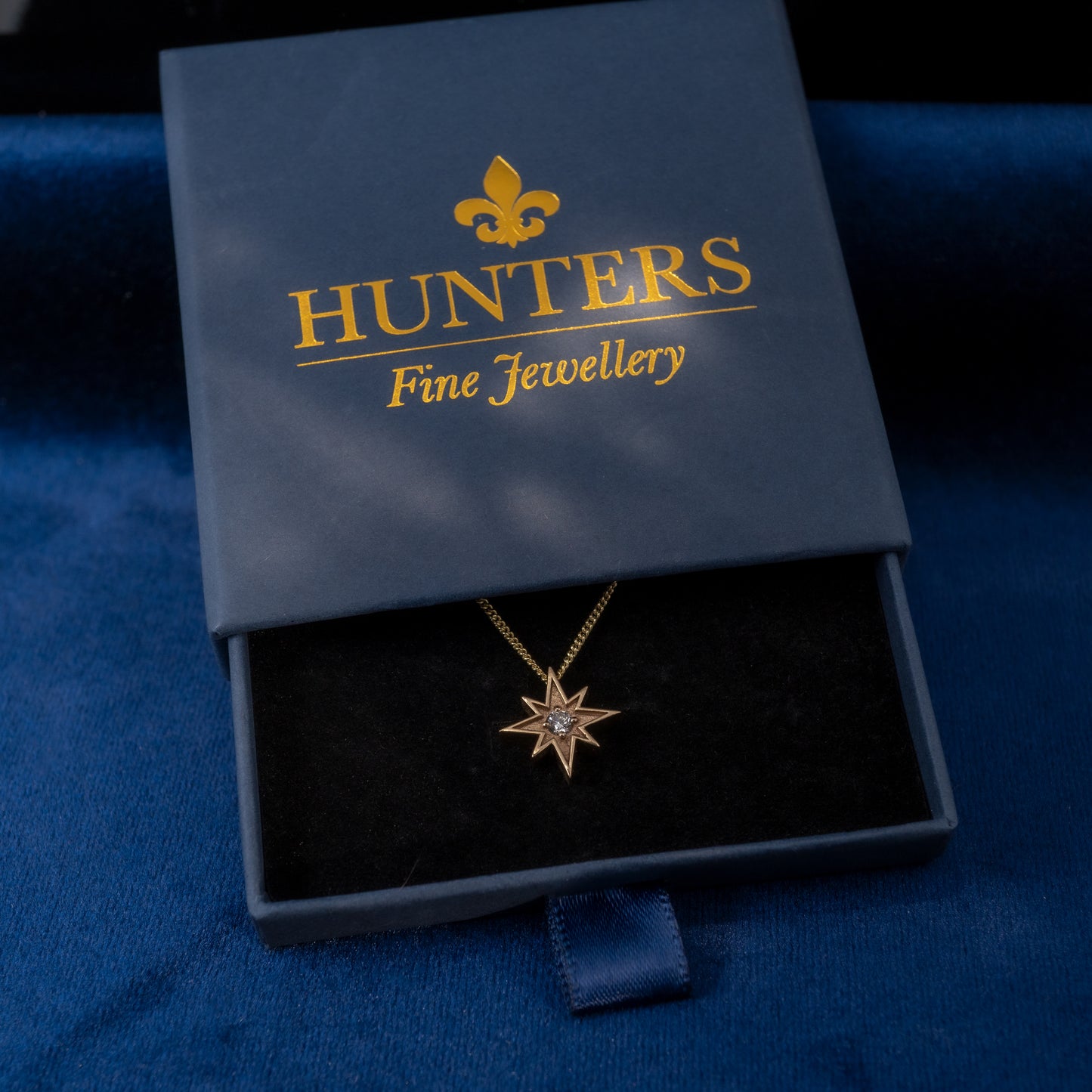 Diamond Set North Star Pendant 9ct Gold With 18" Curb Chain-Diamond Pendants-Hunters Fine Jewellery