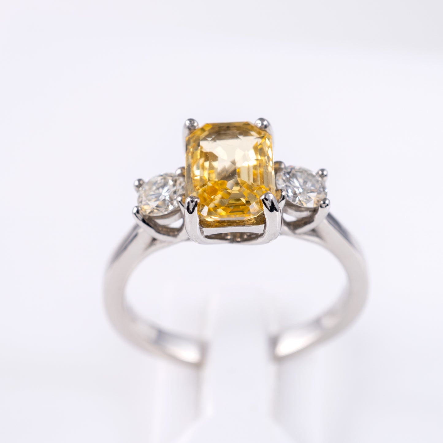 Ceylon Yellow Sapphire Diamond Three Stone Ring 950 Platinum Hallmarked - Hunters Fine Jewellery