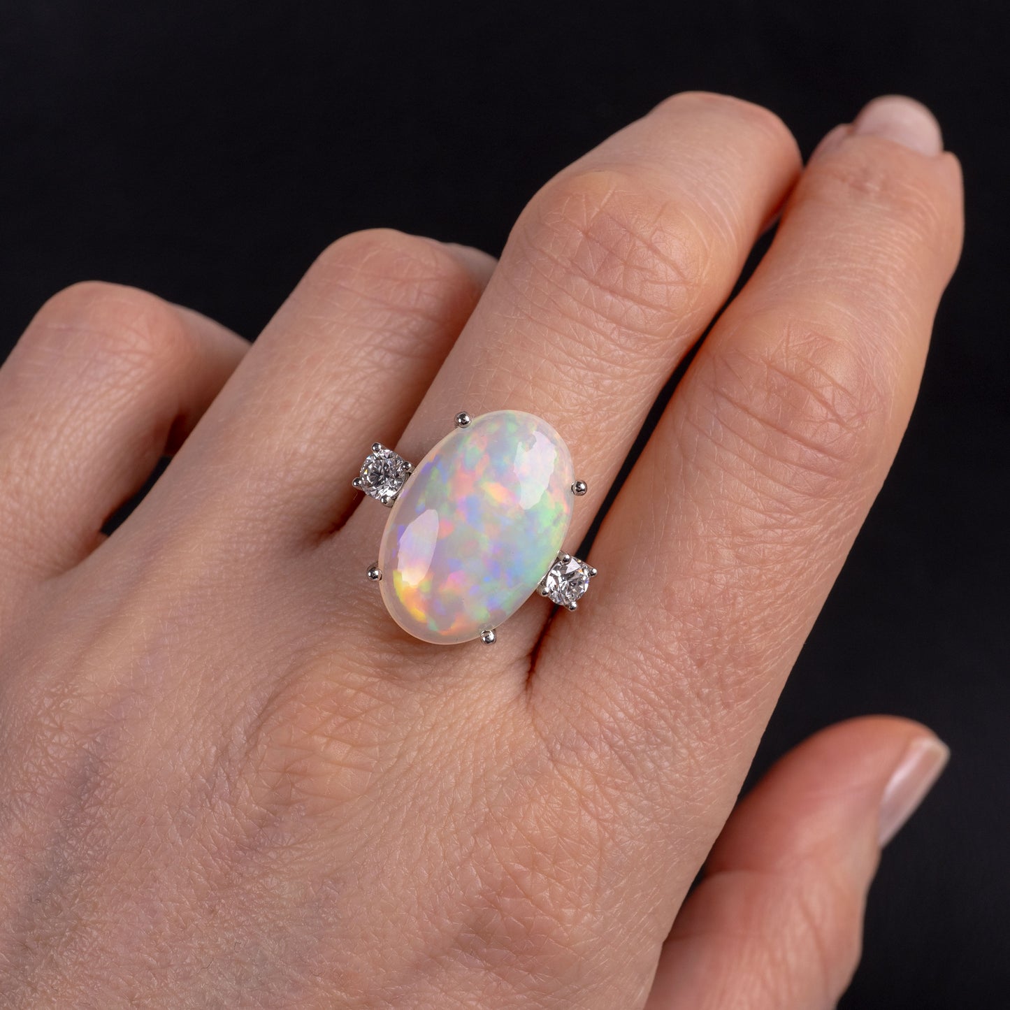 Bespoke Opal Diamond Three Stone Ring 18K White Gold-Gemstone Rings-Hunters Fine Jewellery