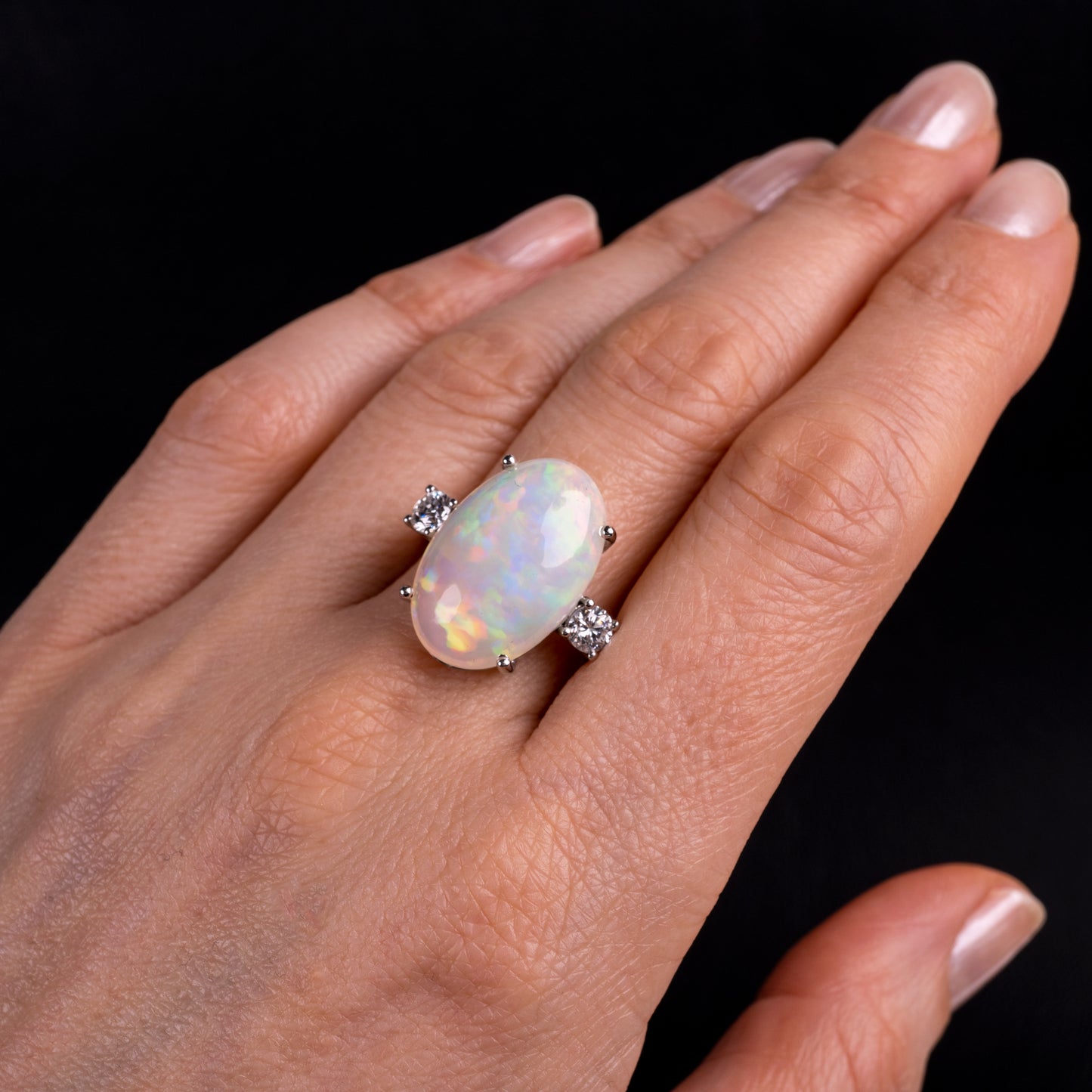 Bespoke Opal Diamond Three Stone Ring 18K White Gold-Gemstone Rings-Hunters Fine Jewellery